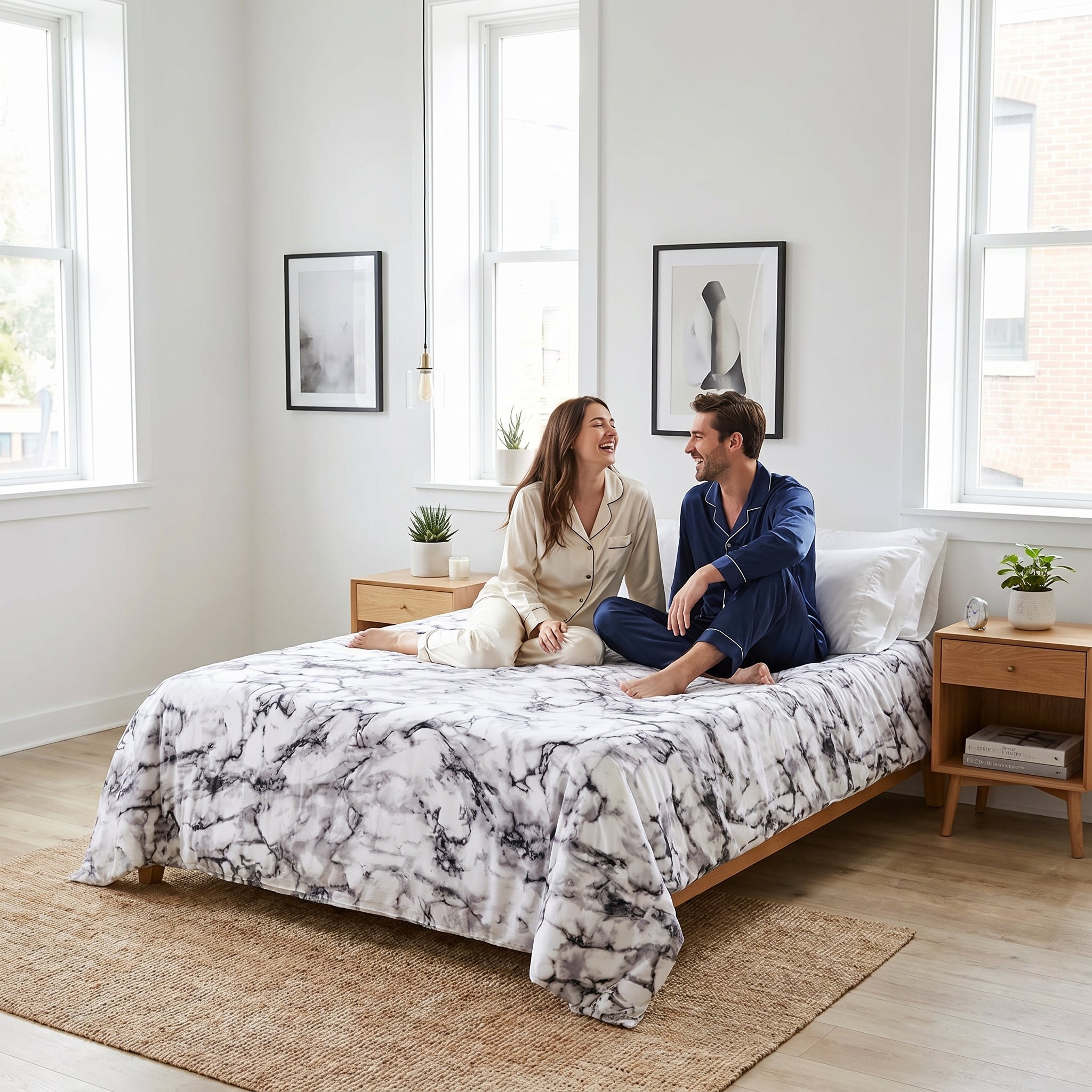 Couple on a bed with a white and gray marble print fitted sheet, soft microfiber bedding.
