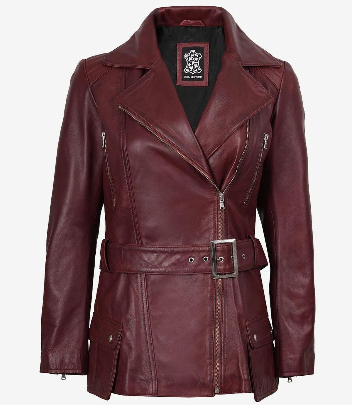 Maroon Asymmetrical Biker Style Leather Jacket-Leather Jackets-Glompi-Glompi