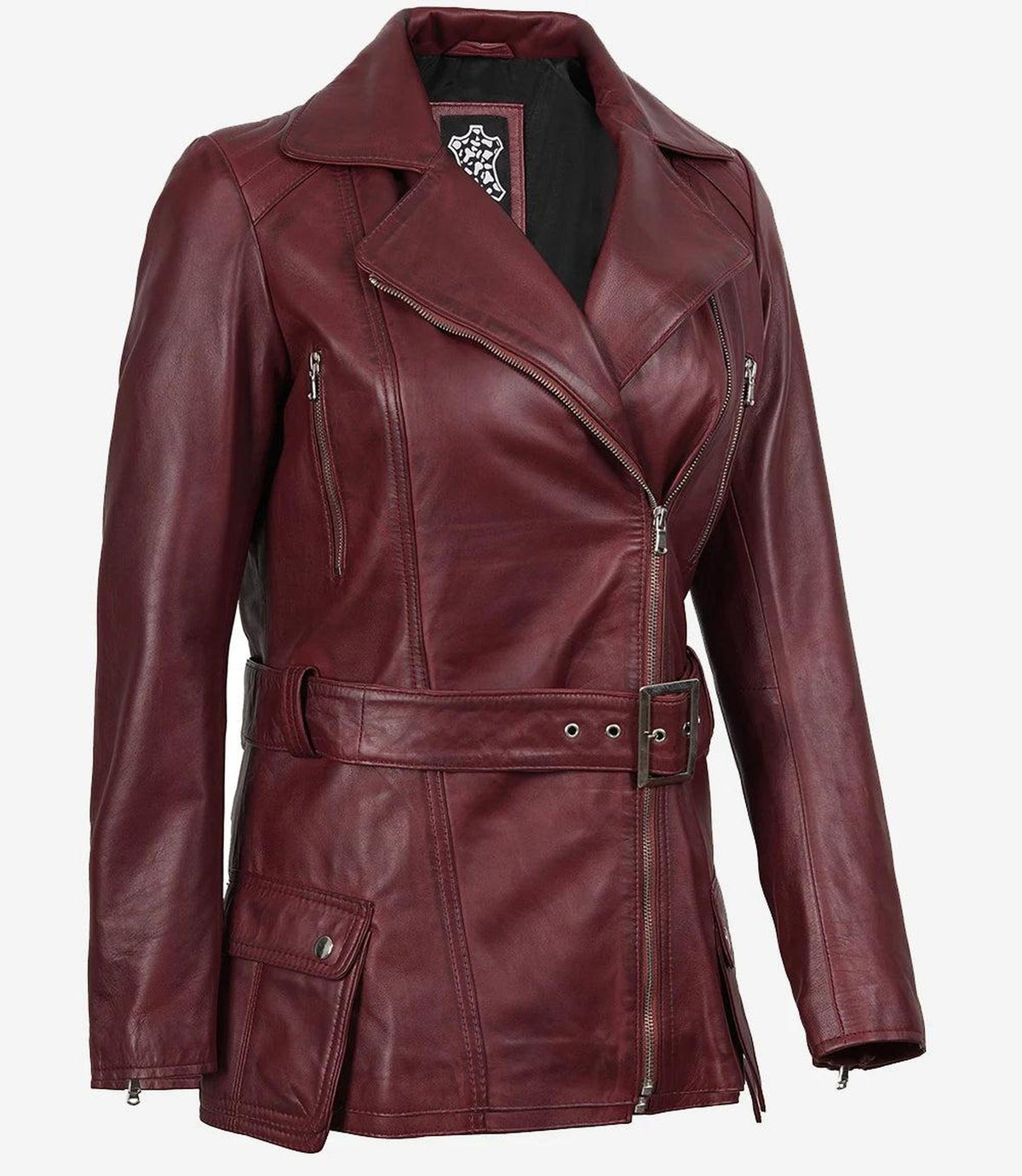 Maroon Asymmetrical Biker Style Leather Jacket-Leather Jackets-Glompi-Glompi