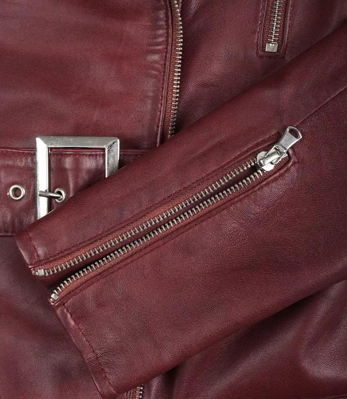 Maroon Asymmetrical Biker Style Leather Jacket-Leather Jackets-Glompi-Glompi