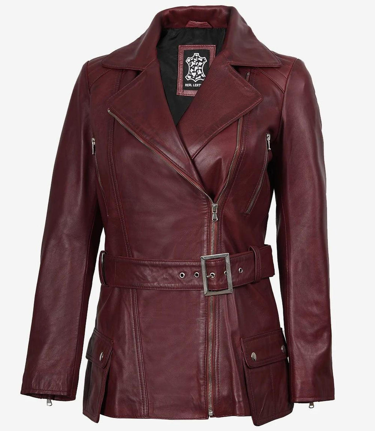 Maroon Asymmetrical Biker Style Leather Jacket-Leather Jackets-Glompi-XS-Glompi