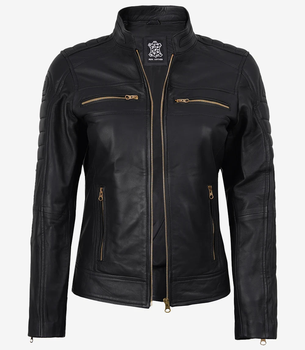 Matte Black Leather Cafe Racer Jacket with Gold Zippers-Leather Jackets-Glompi-Glompi