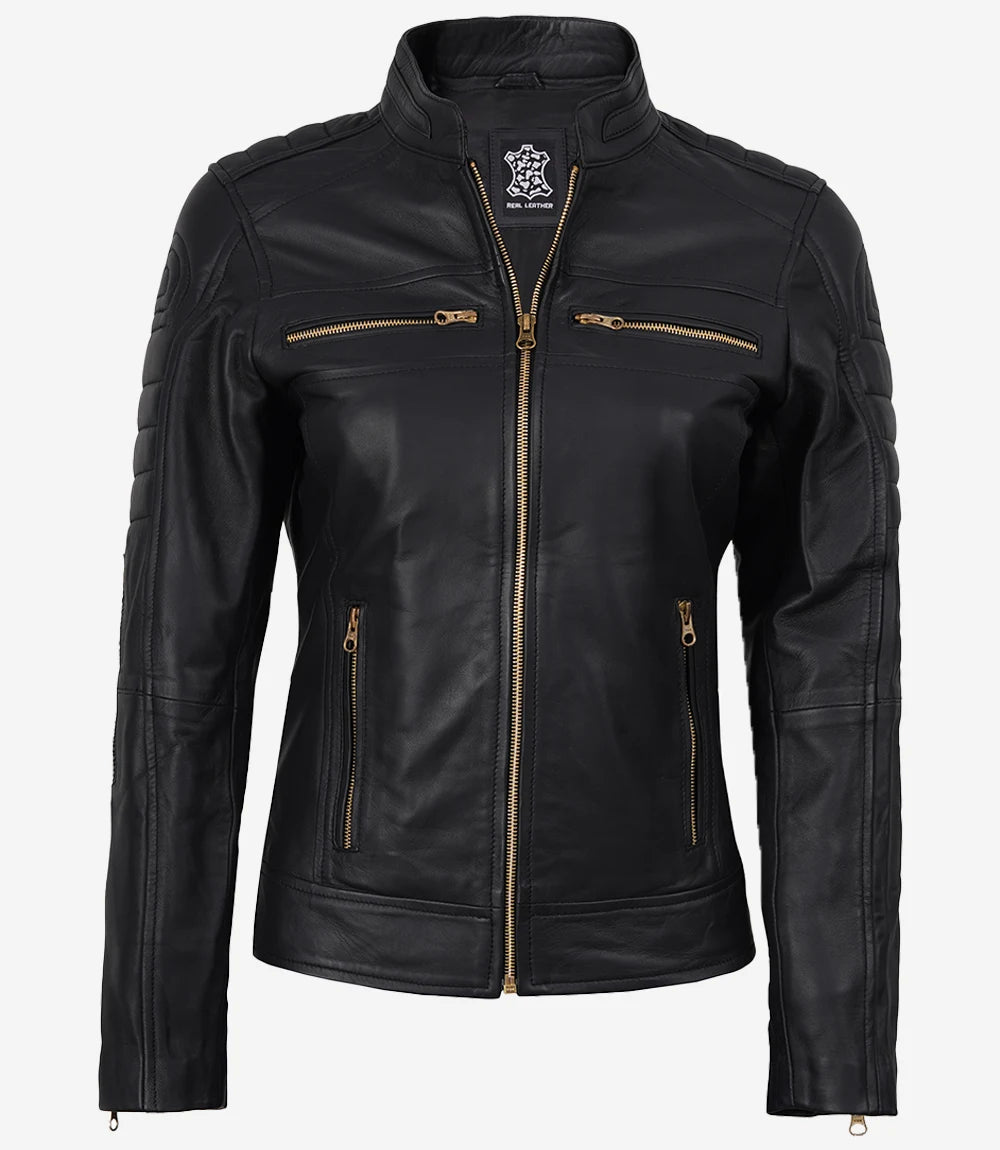 Matte Black Leather Cafe Racer Jacket with Gold Zippers-Leather Jackets-Glompi-Glompi