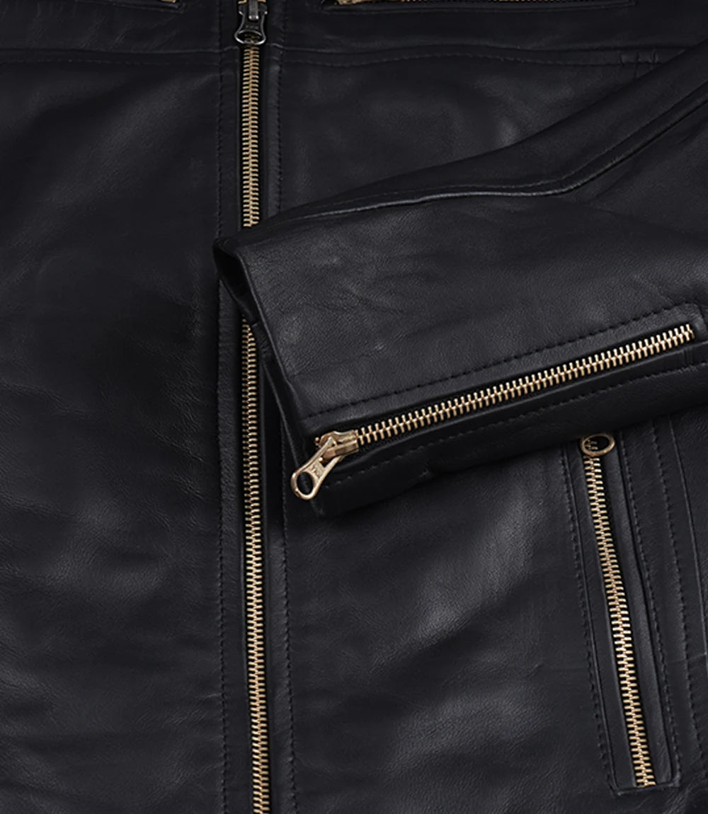 Matte Black Leather Cafe Racer Jacket with Gold Zippers-Leather Jackets-Glompi-Glompi