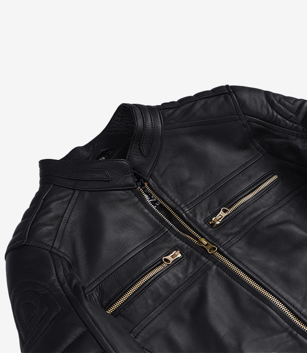 Matte Black Leather Cafe Racer Jacket with Gold Zippers-Leather Jackets-Glompi-Glompi