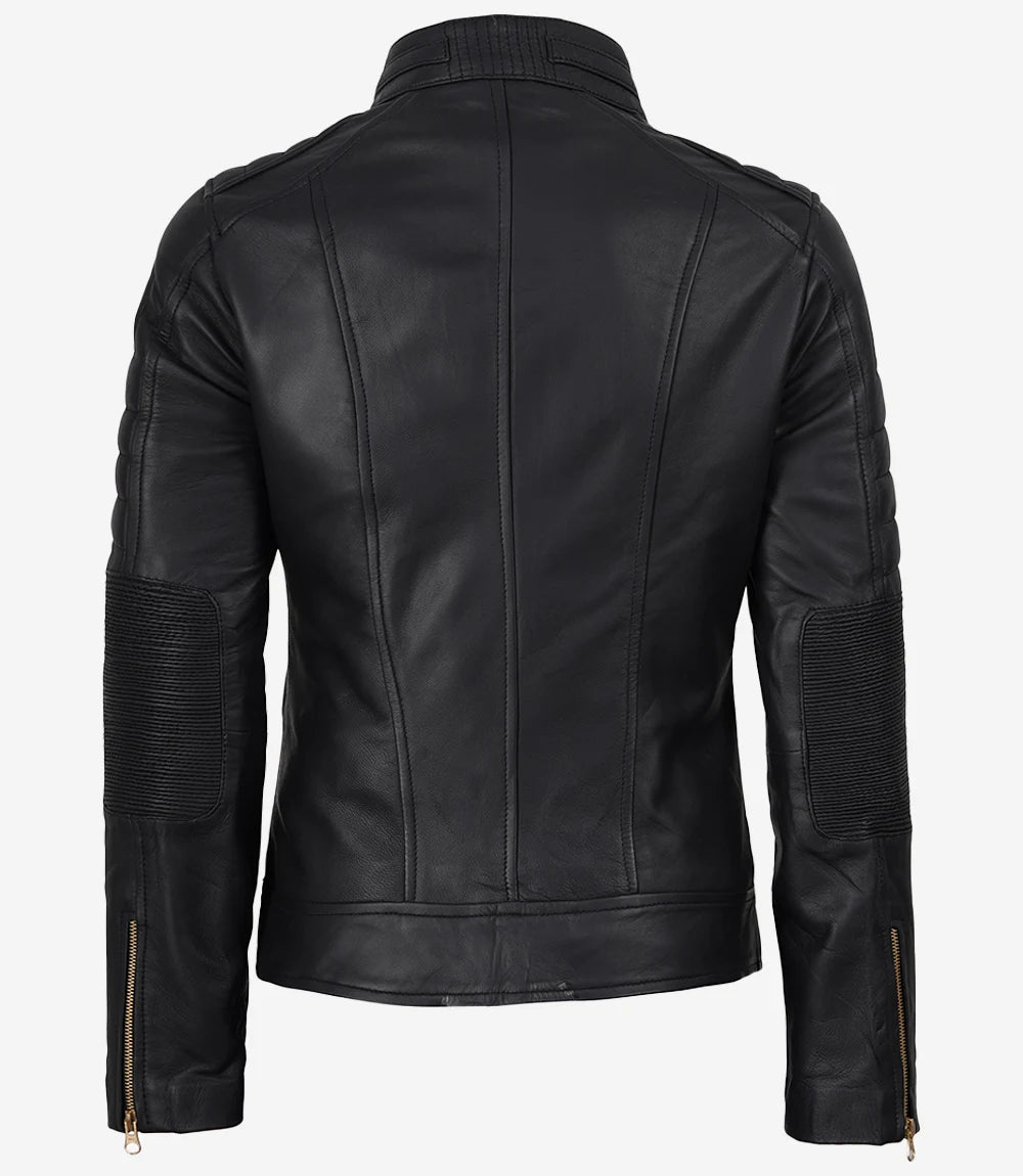 Matte Black Leather Cafe Racer Jacket with Gold Zippers-Leather Jackets-Glompi-Glompi