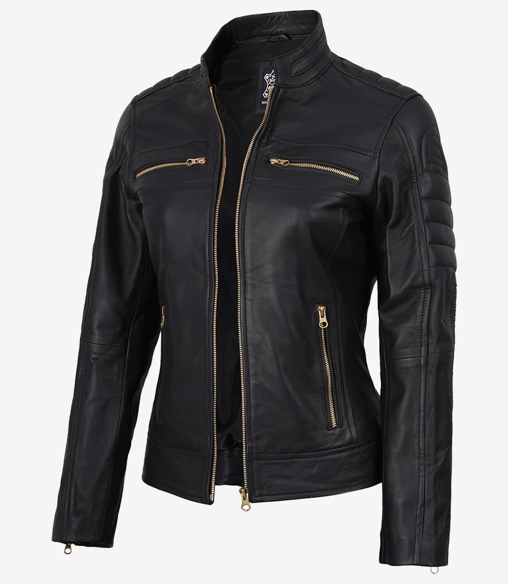 Matte Black Leather Cafe Racer Jacket with Gold Zippers-Leather Jackets-Glompi-XS-Glompi