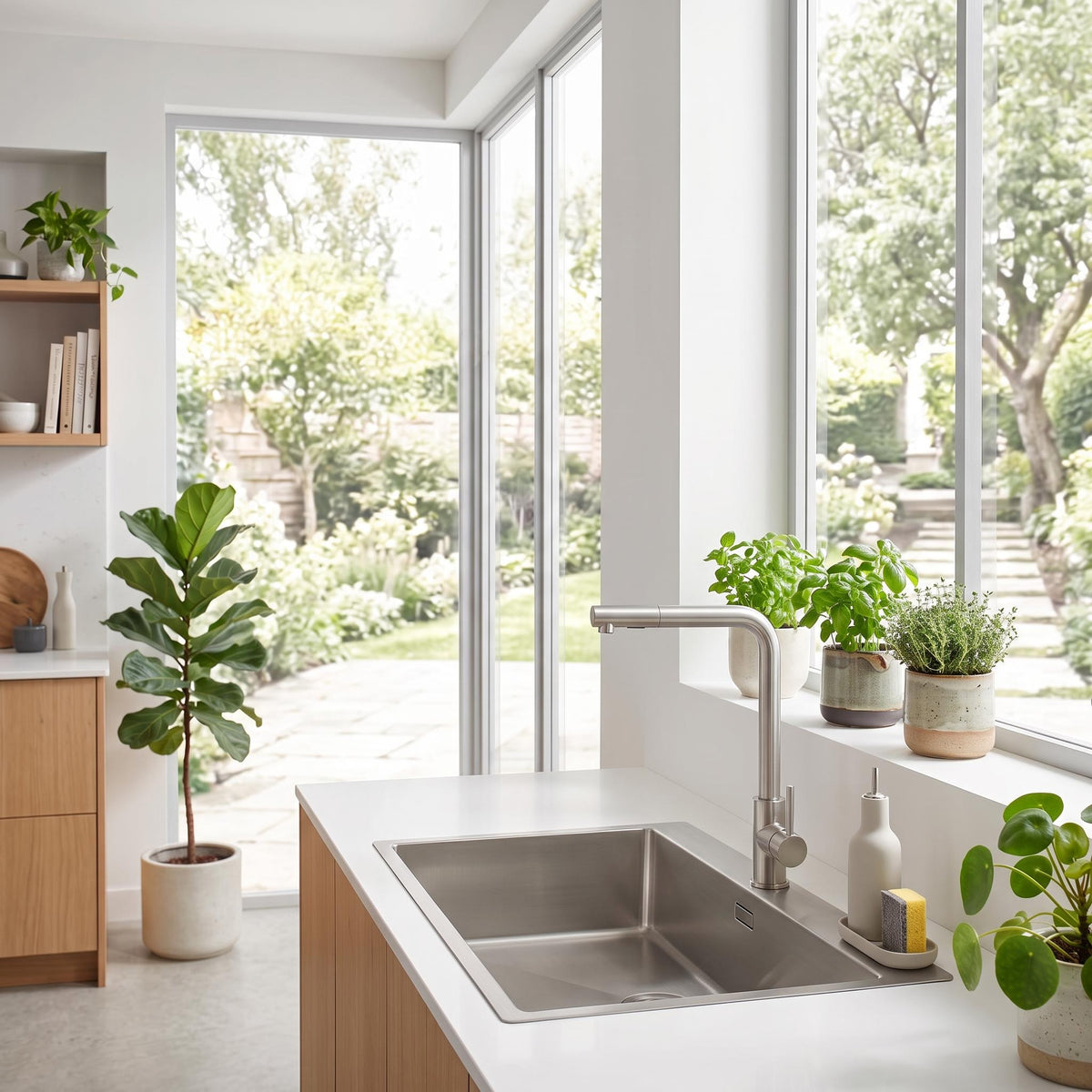 Modern stainless steel kitchen faucet with a pull-out sprayer, installed in a bright kitchen with a view of a garden.