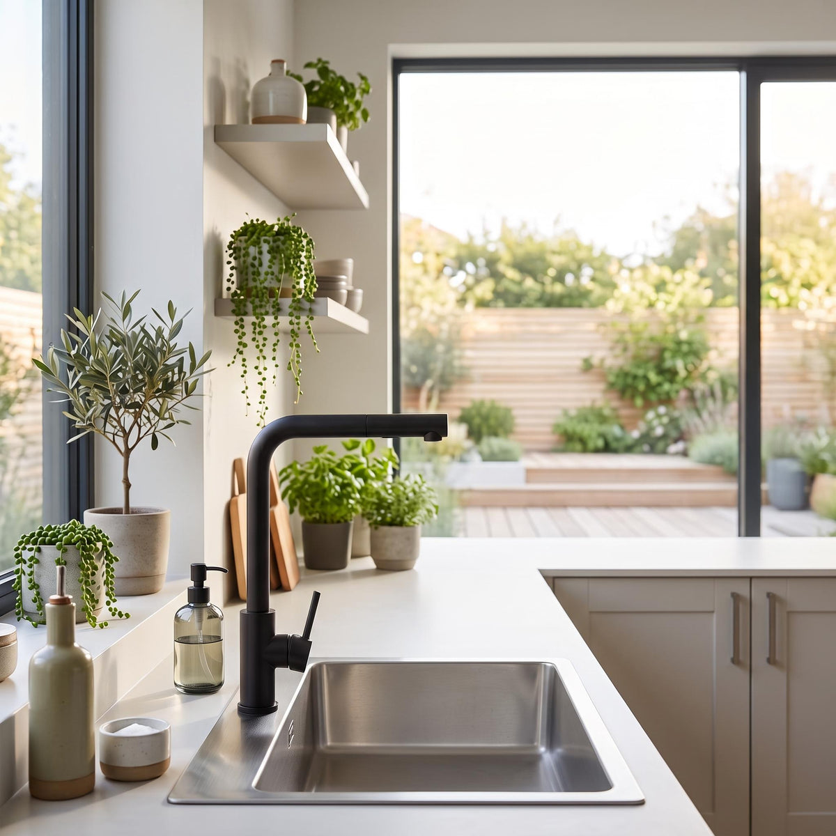 Matte black stainless steel pull-out kitchen faucet with a 360-degree swivel spout installed on a modern white sink countertop.
