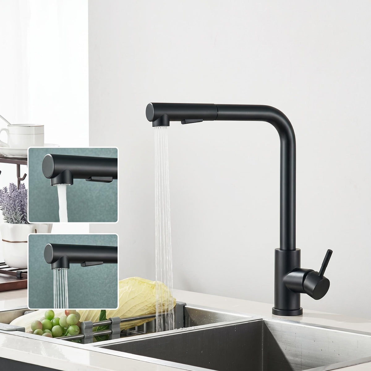 Matte black stainless steel pull-out kitchen faucet with dual spray modes and 360-degree swivel spout over a sink.