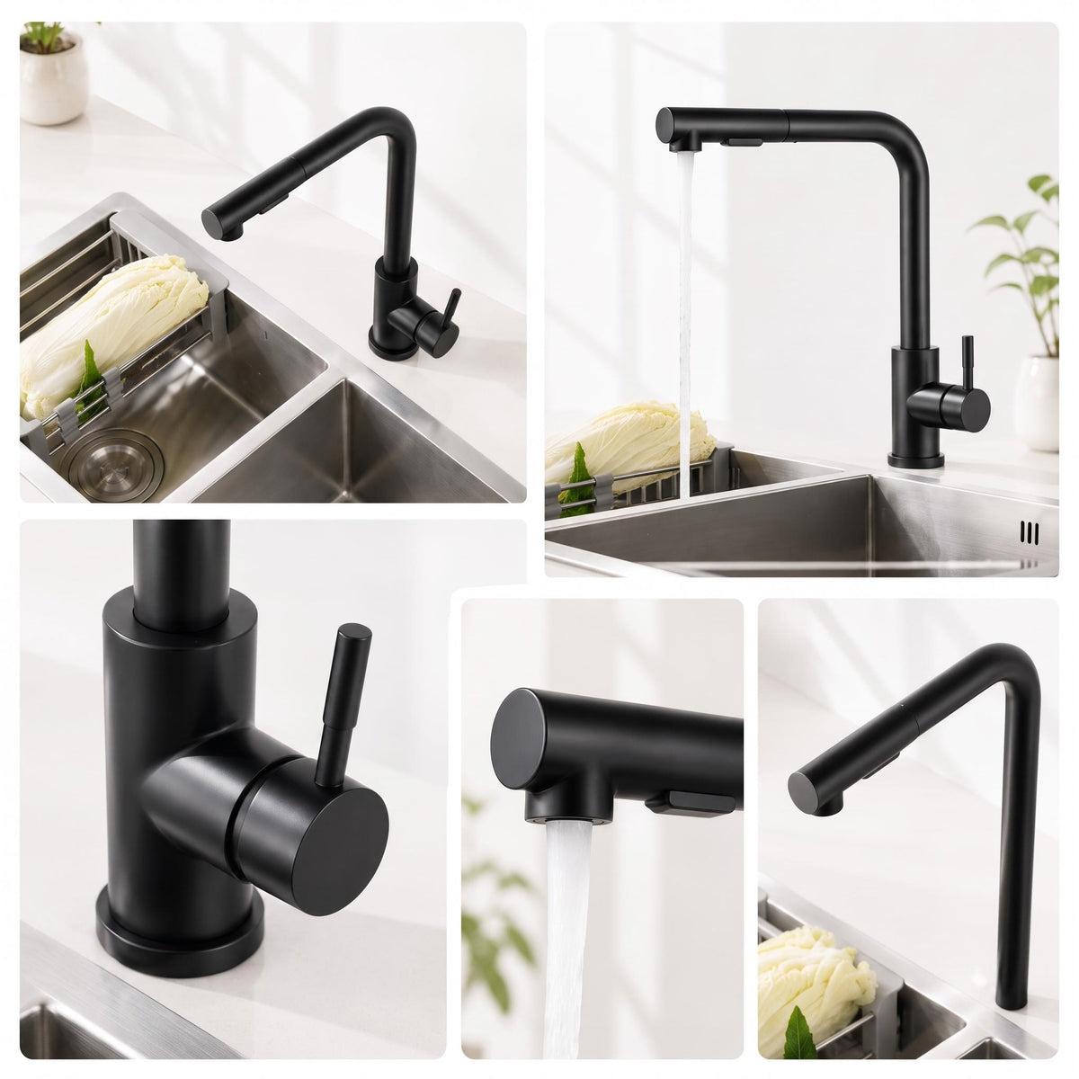 Matte black stainless steel pull-out kitchen faucet with a 360-degree swivel spout and dual spray modes for modern sinks.