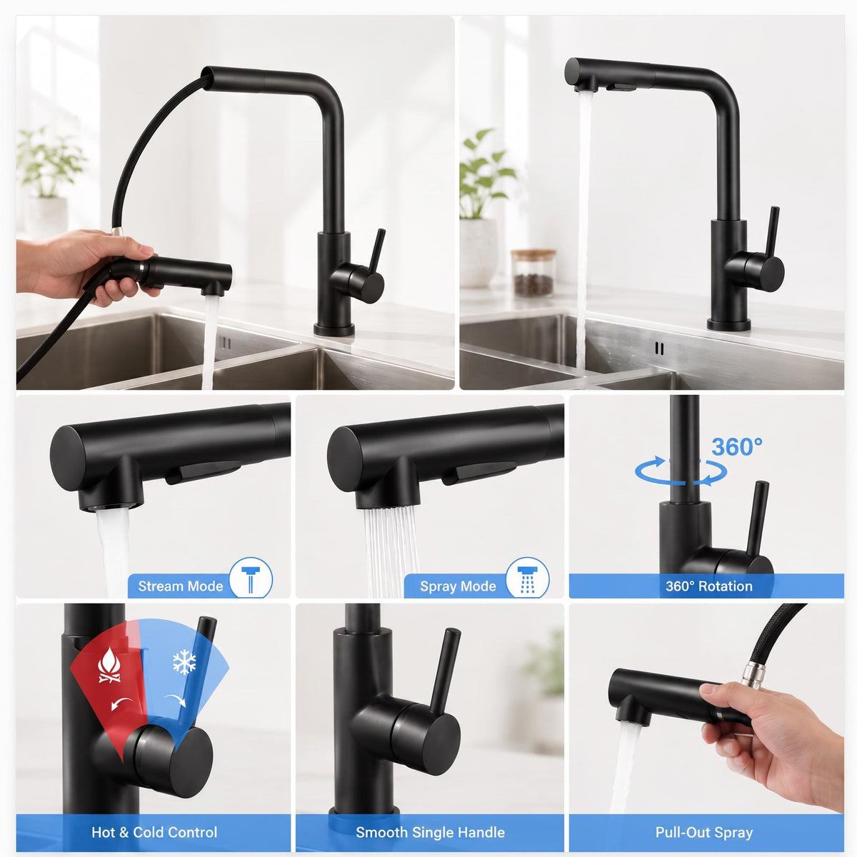 Matte black stainless steel pull-out kitchen faucet featuring dual spray modes, 360-degree rotation, and single-handle control.