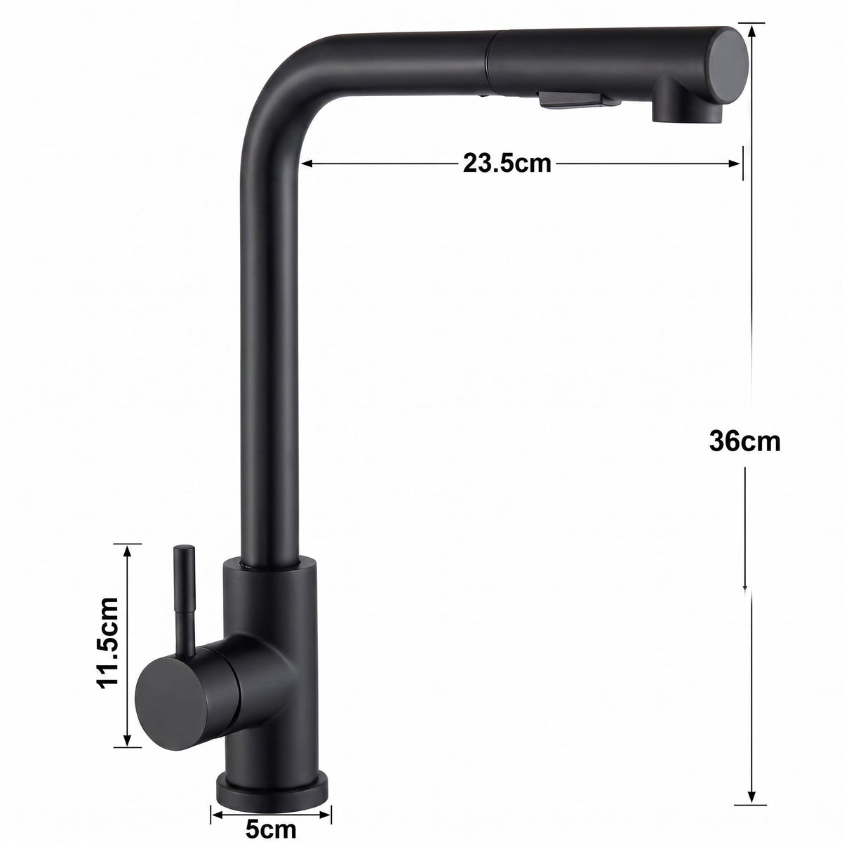 Matte black stainless steel pull-out kitchen faucet with dual spray modes and labeled dimensions for installation.