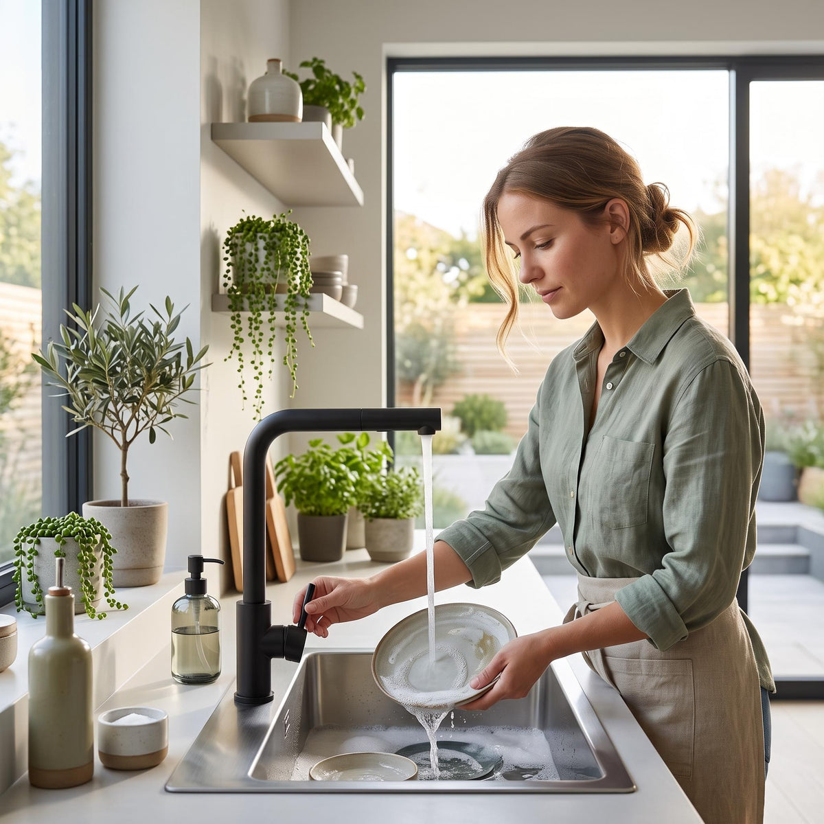 Modern matte black pull-out kitchen faucet with stainless steel finish being used by a woman to wash dishes in a sink.