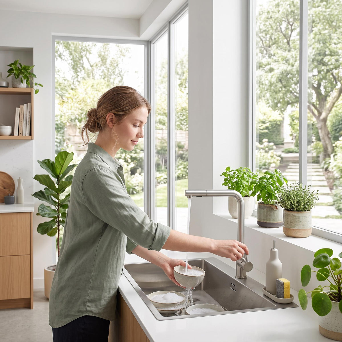 Modern matte black and grey stainless steel pull-out kitchen faucet with 360-degree rotation in a bright, contemporary kitchen.