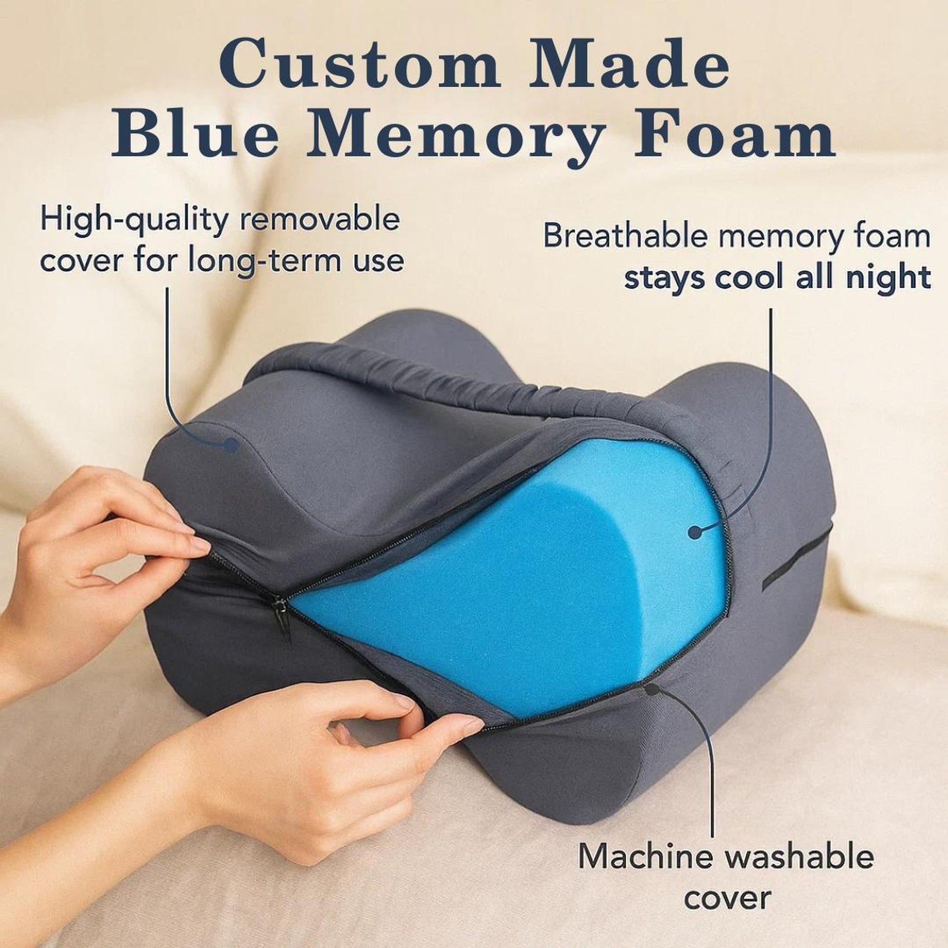 Ergonomic gray knee pillow with a visible blue memory foam core and a partially unzipped, machine-washable cover.