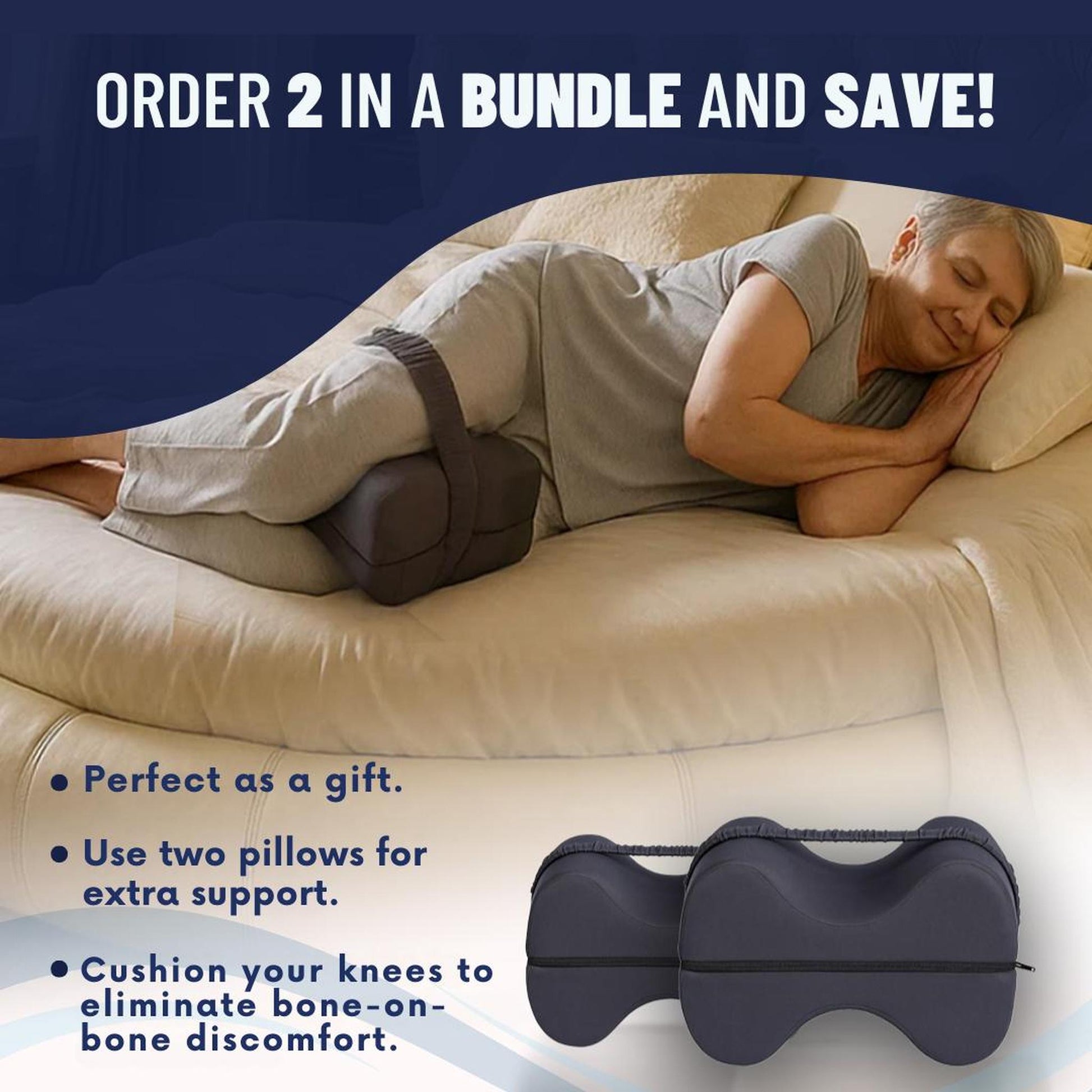 Elderly woman sleeping comfortably on her side with a dark gray memory foam knee pillow between her legs.