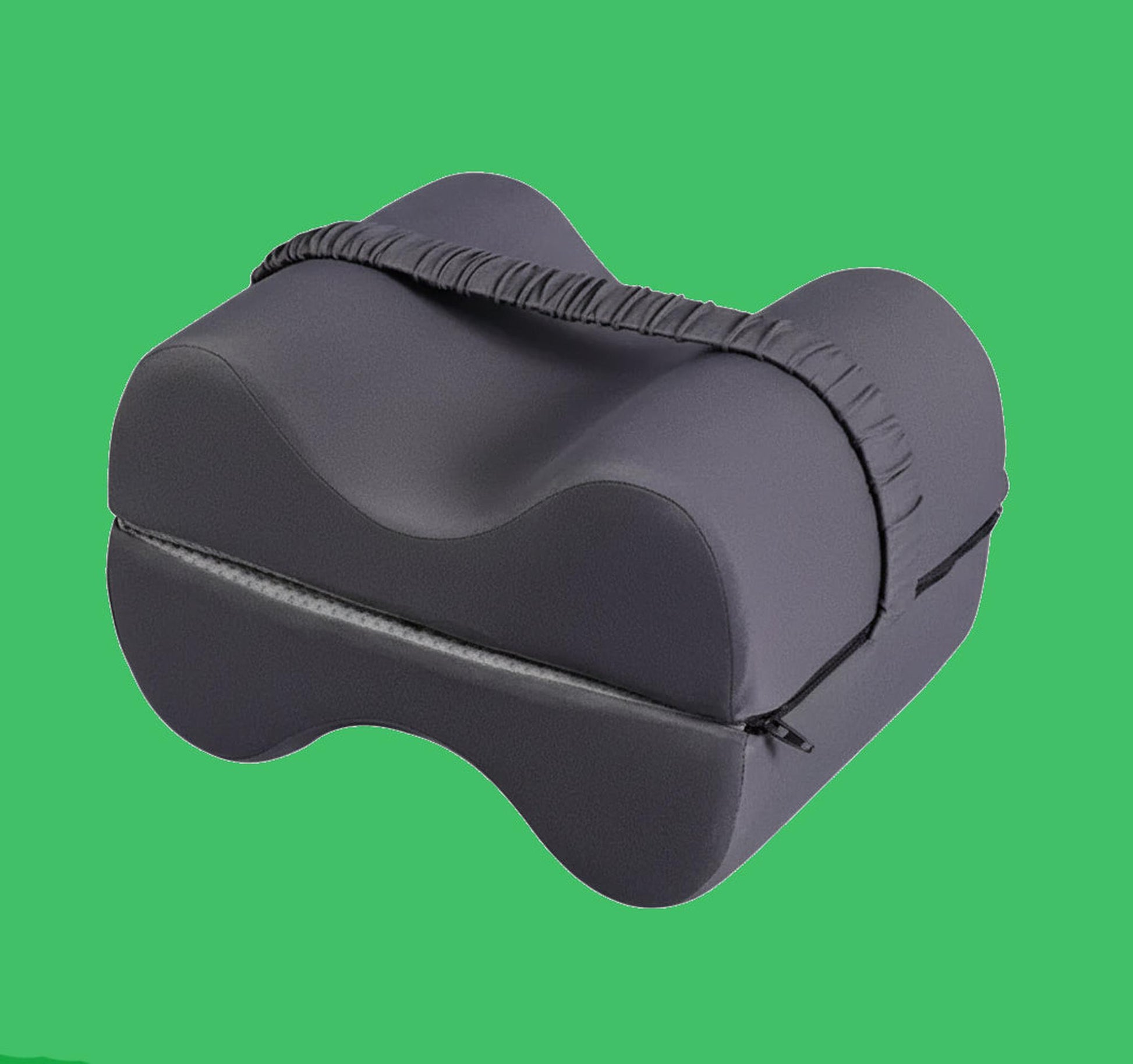 Dark gray memory foam knee pillow with an ergonomic shape, removable cover, and adjustable strap.