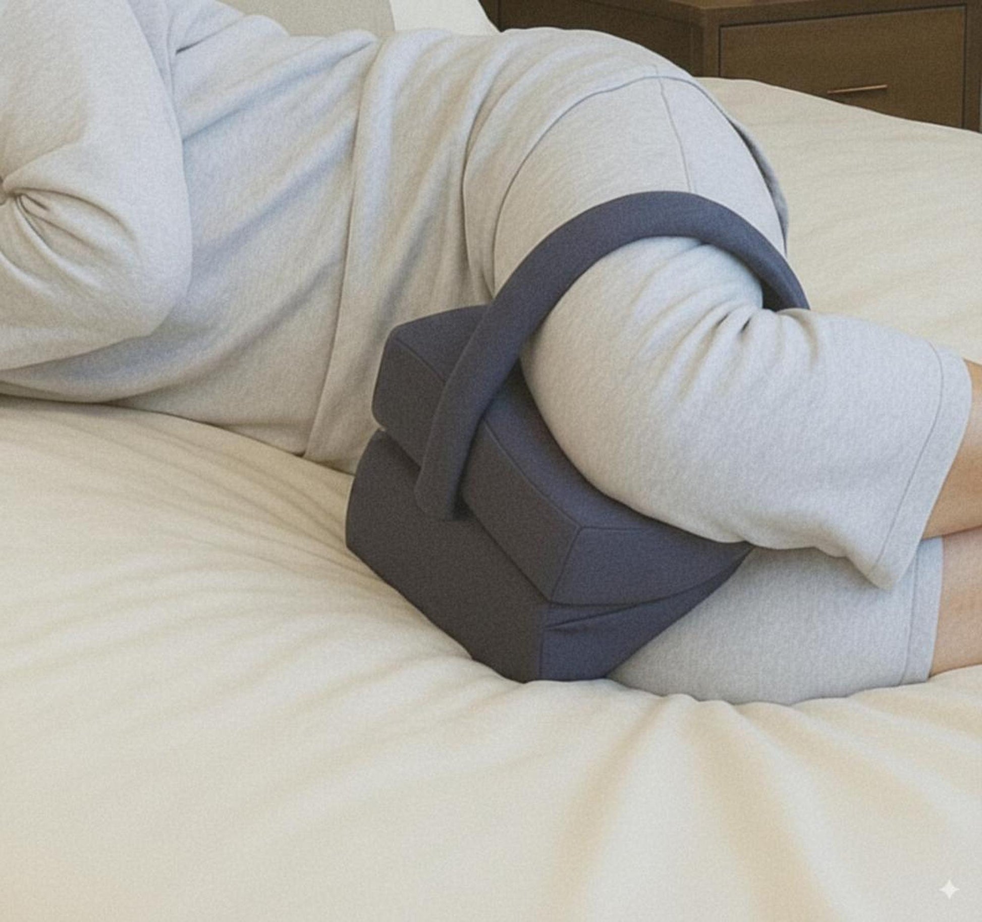 Dark gray memory foam knee pillow with an ergonomic strap, positioned between a person's knees on a white bed.