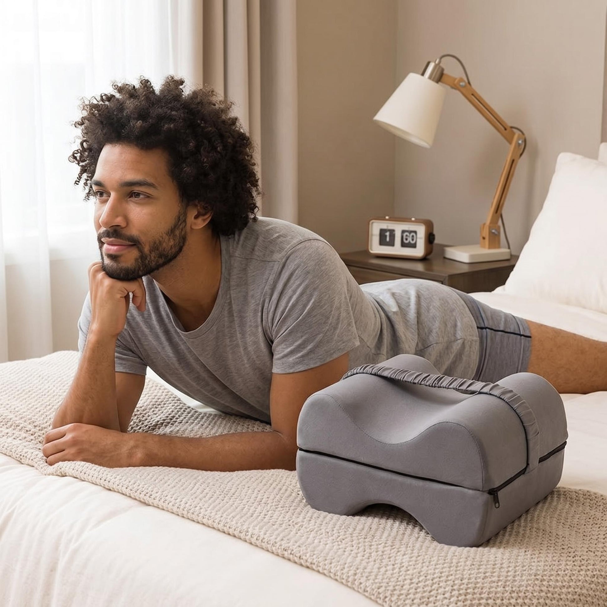 Man relaxing on a bed next to a gray memory foam knee pillow with an ergonomic shape and a handle.