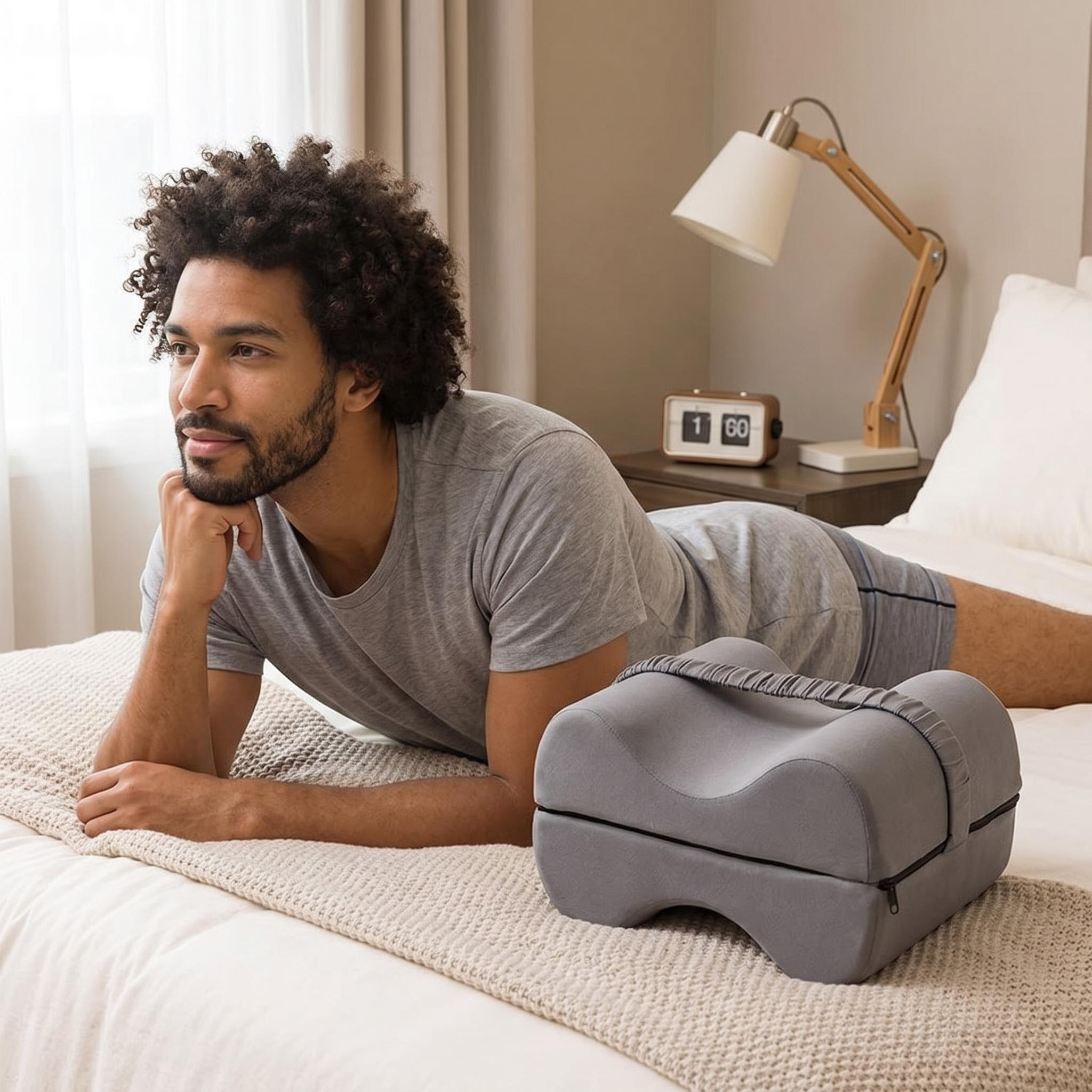 Man relaxing on a bed next to a gray memory foam knee pillow with an ergonomic shape and a handle.