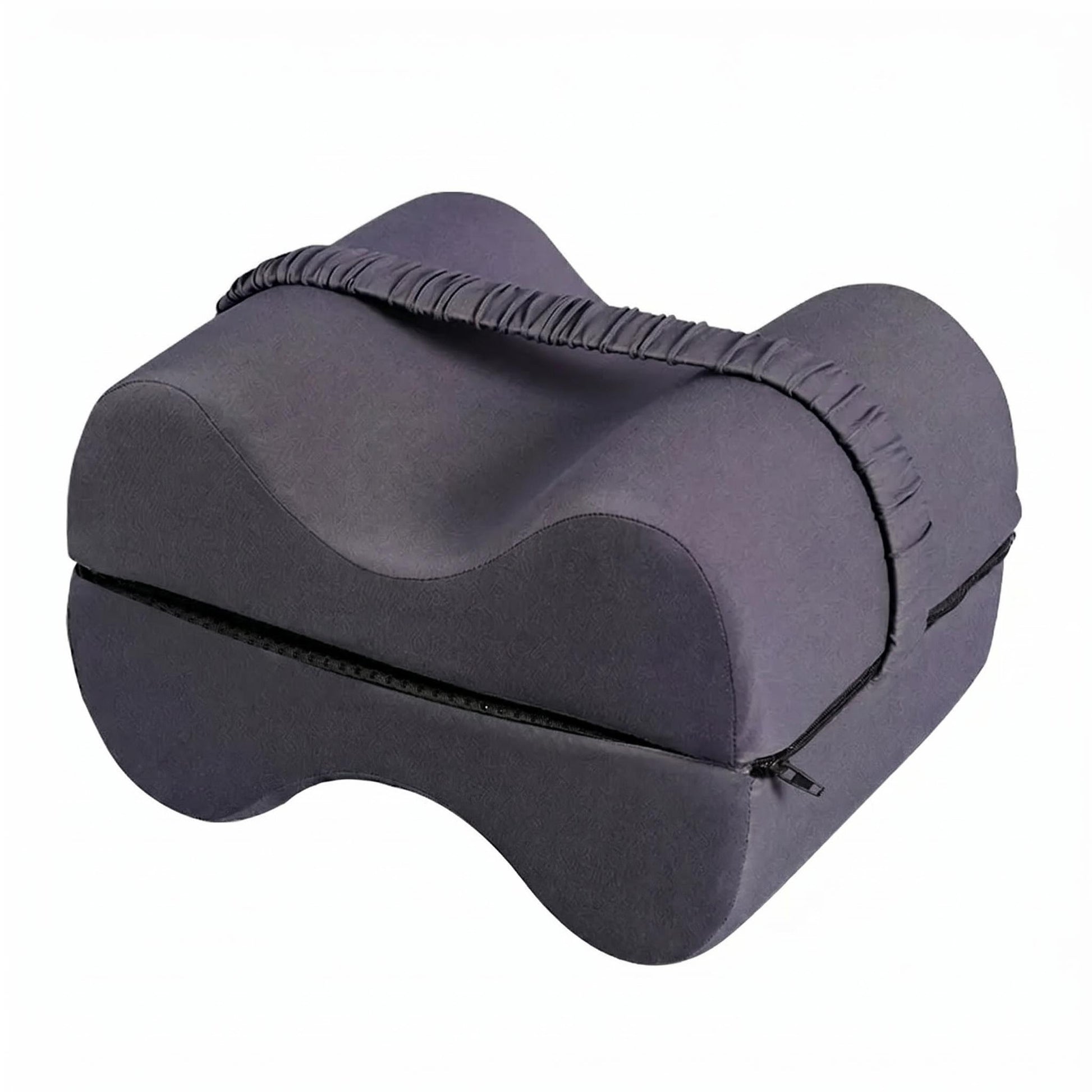 Dark gray memory foam knee pillow with an ergonomic contoured design and a black zipper.