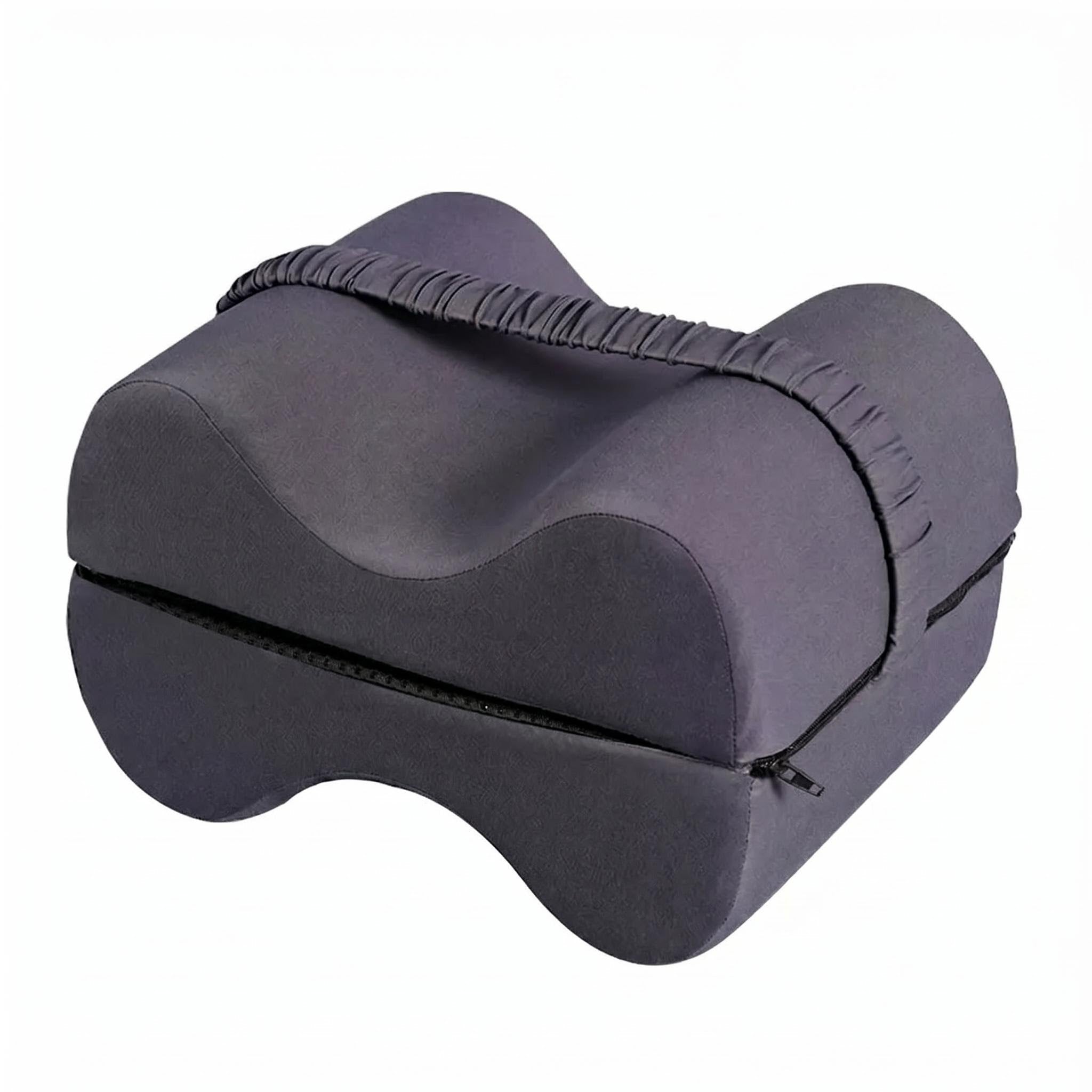 Dark gray memory foam knee pillow with an ergonomic contoured design and a black zipper.