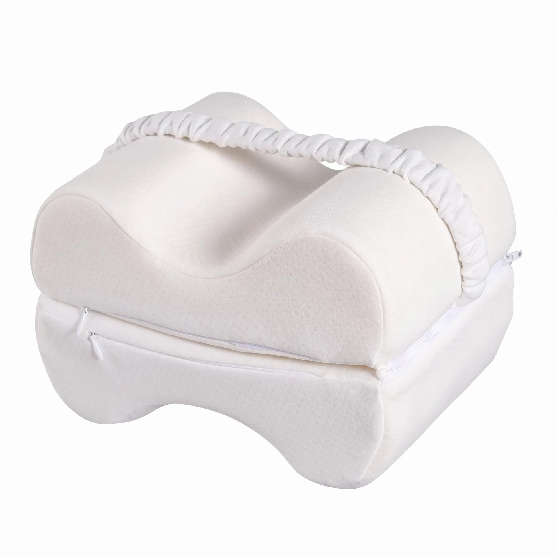White memory foam knee pillow with an ergonomic shape, removable cover, and adjustable strap for comfortable sleep.