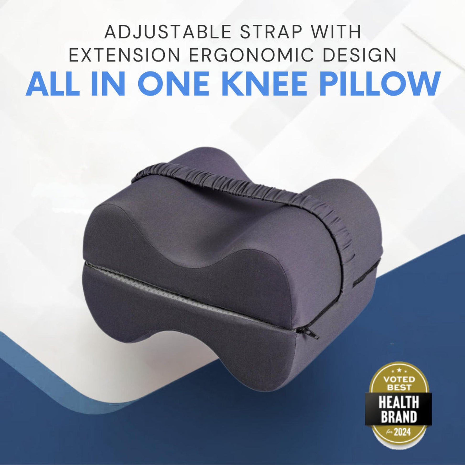 Dark gray memory foam knee pillow with an ergonomic design and adjustable strap.
