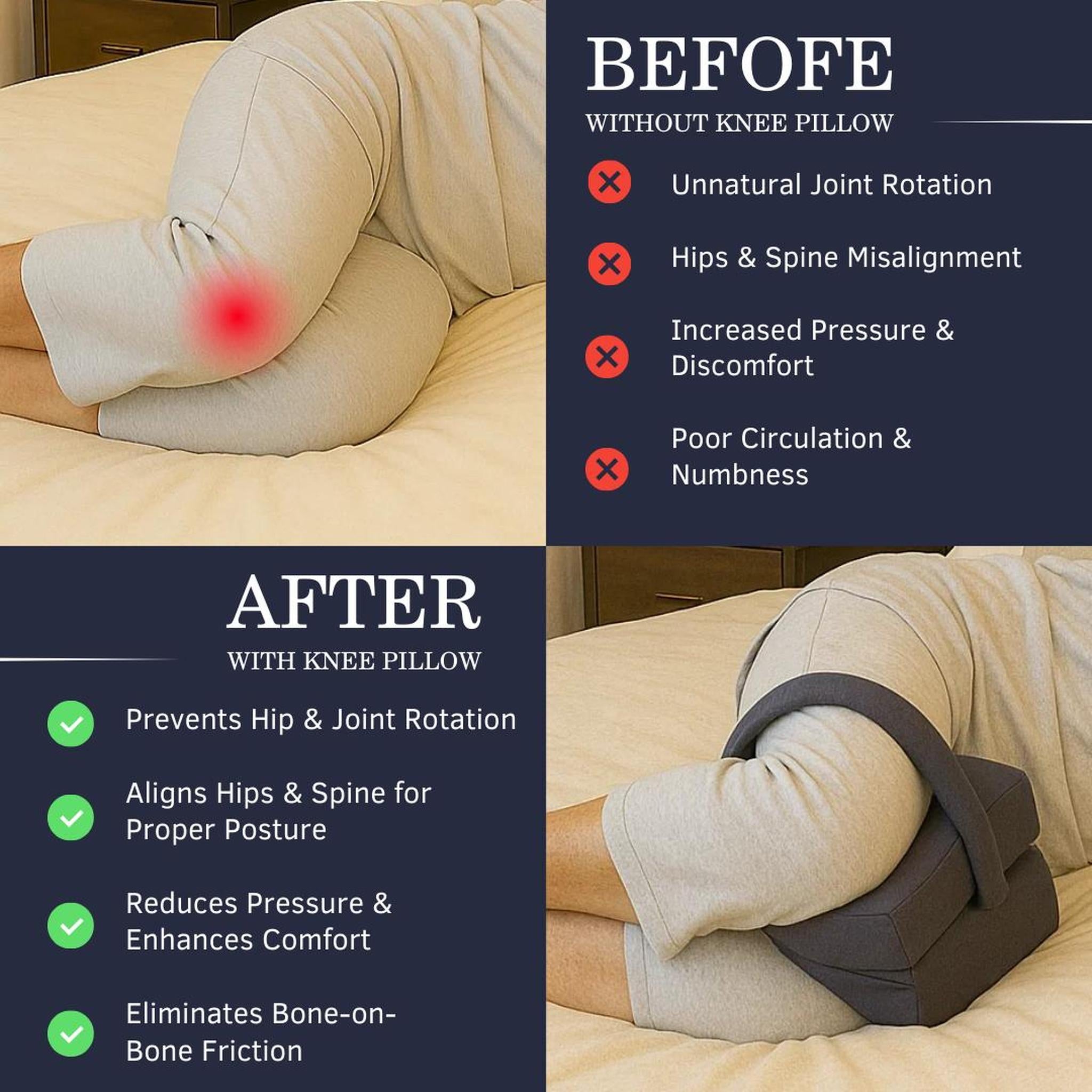 Gray memory foam knee pillow shown in use, correcting hip and spine alignment for comfortable sleep.