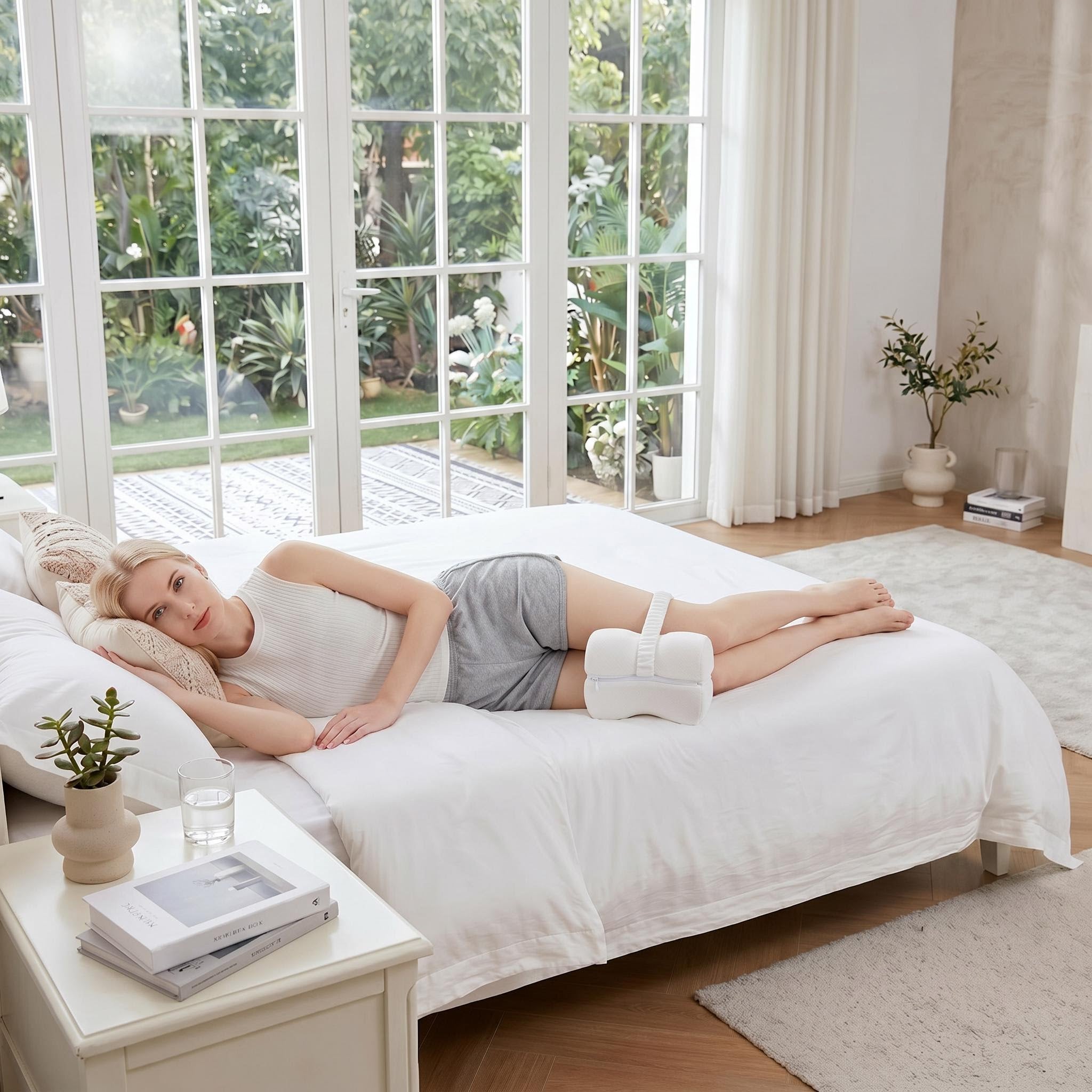 Woman sleeping on her side with a white memory foam knee pillow between her legs, promoting hip and spine alignment.