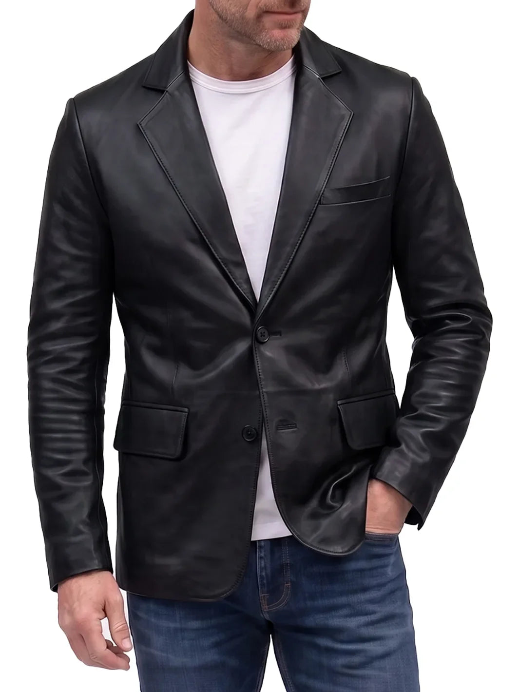 Men's Black Lambskin Leather Blazer with Tailored Design 0