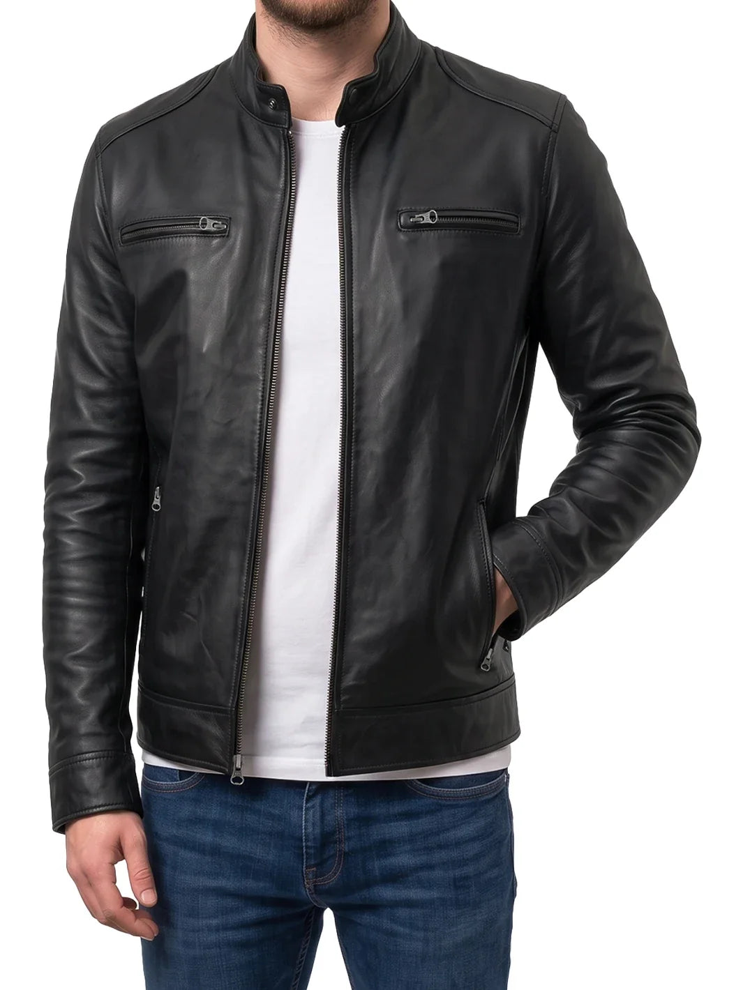 Men's Black Lambskin Leather Cafe Racer Jacket 0