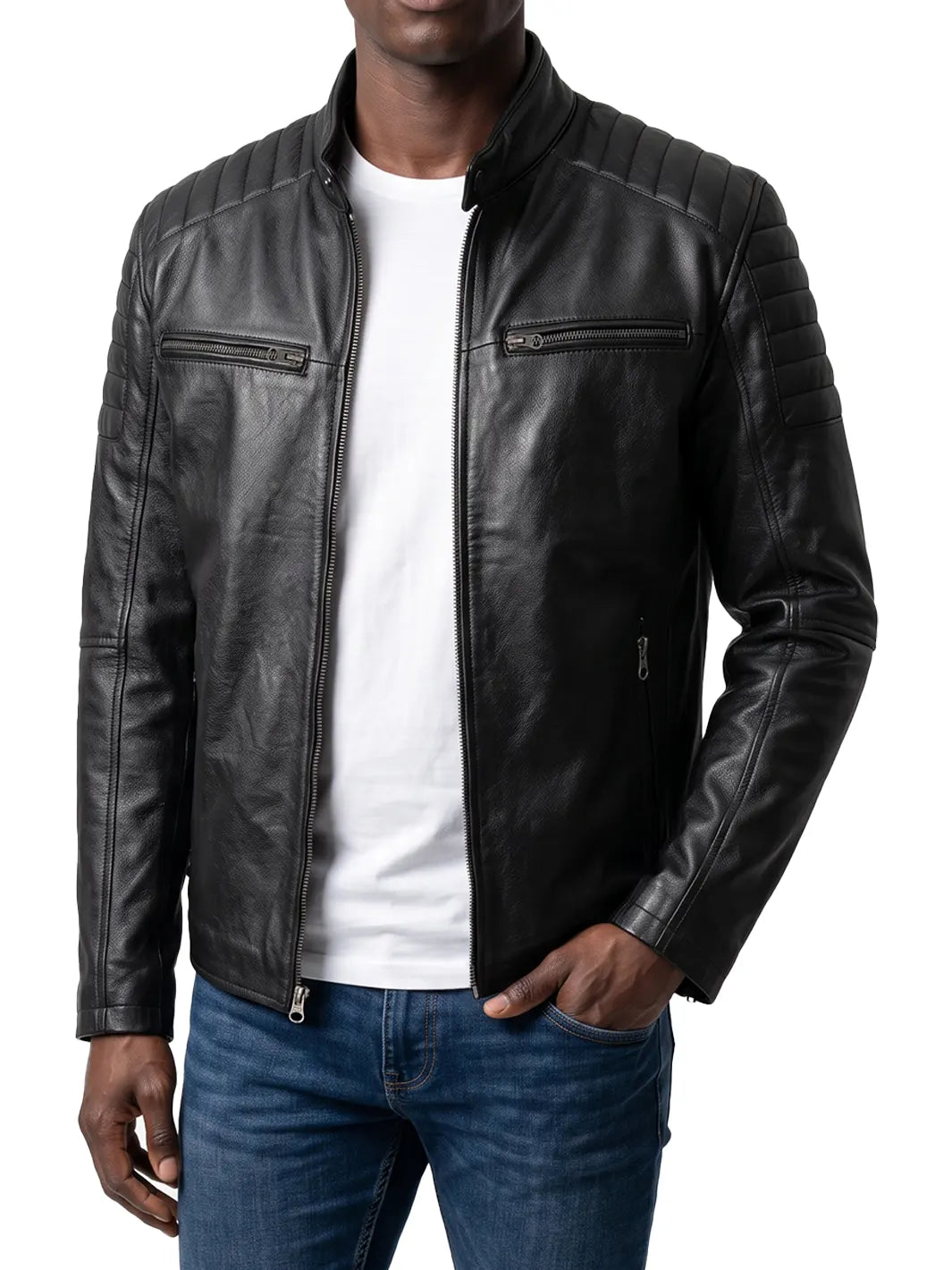 Men's Black Leather Cafe Racer Biker Jacket with Padded Shoulders 0