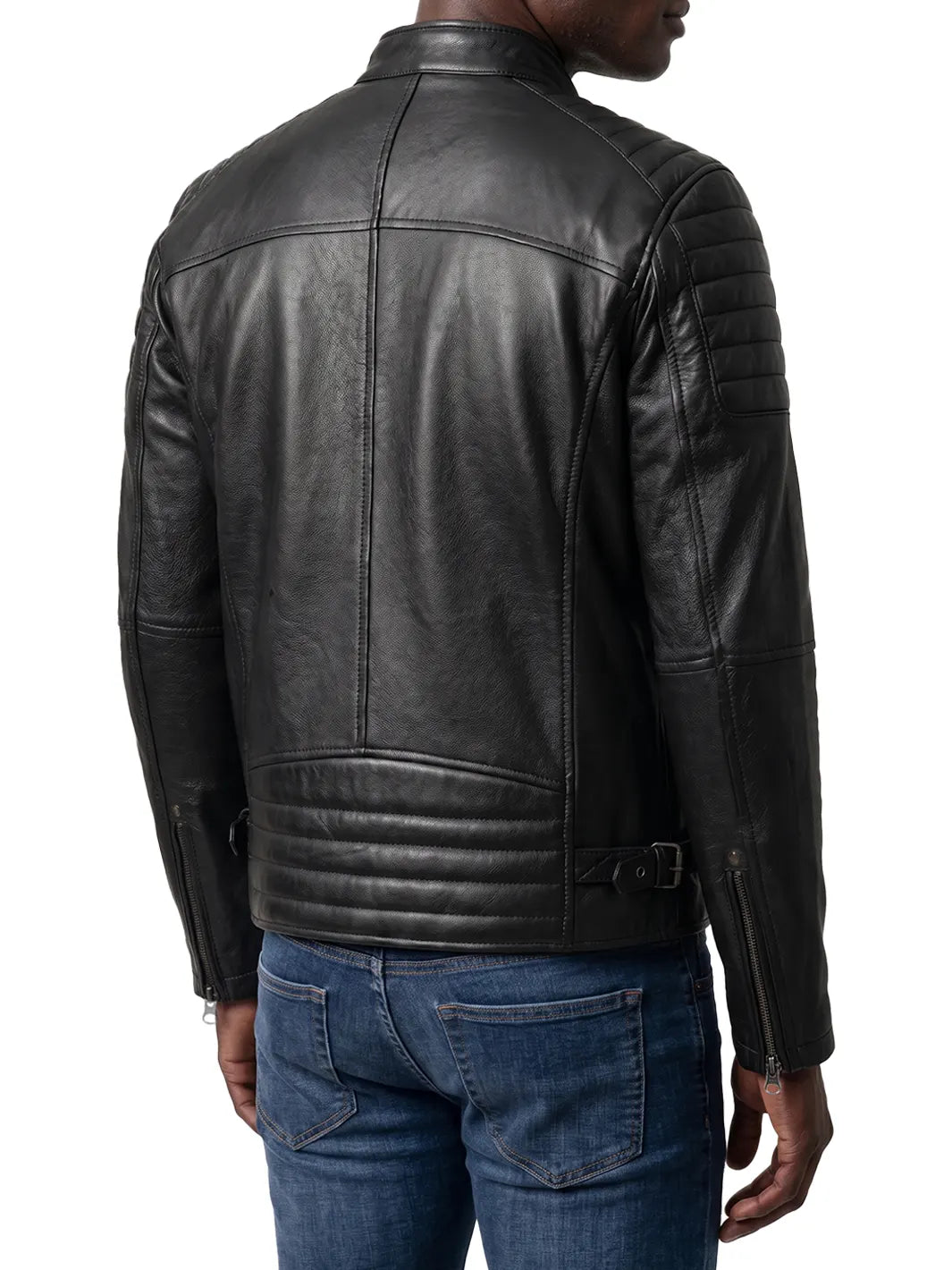 Men's Black Leather Cafe Racer Biker Jacket with Padded Shoulders 1