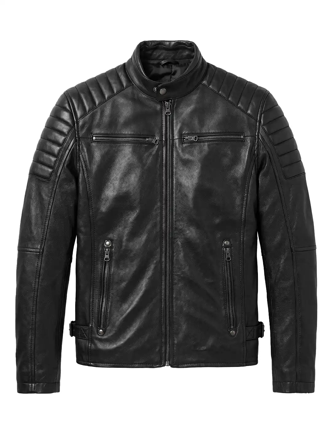 Men's Black Leather Cafe Racer Biker Jacket with Padded Shoulders 4