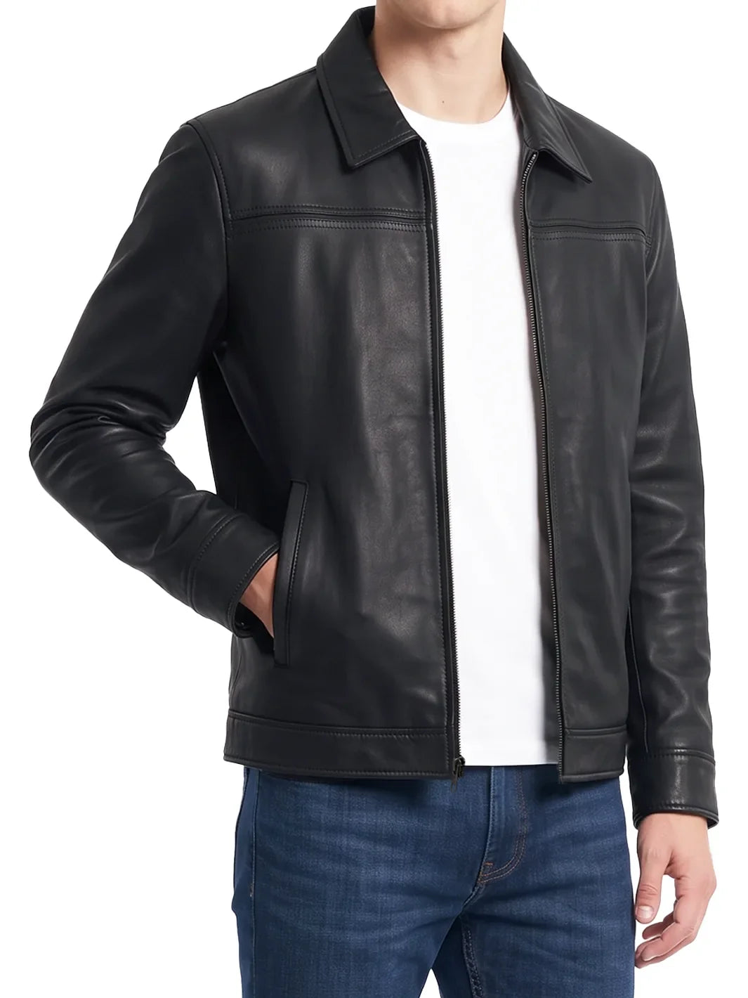 Men's Black Leather Harrington Jacket with Classic Fit 0