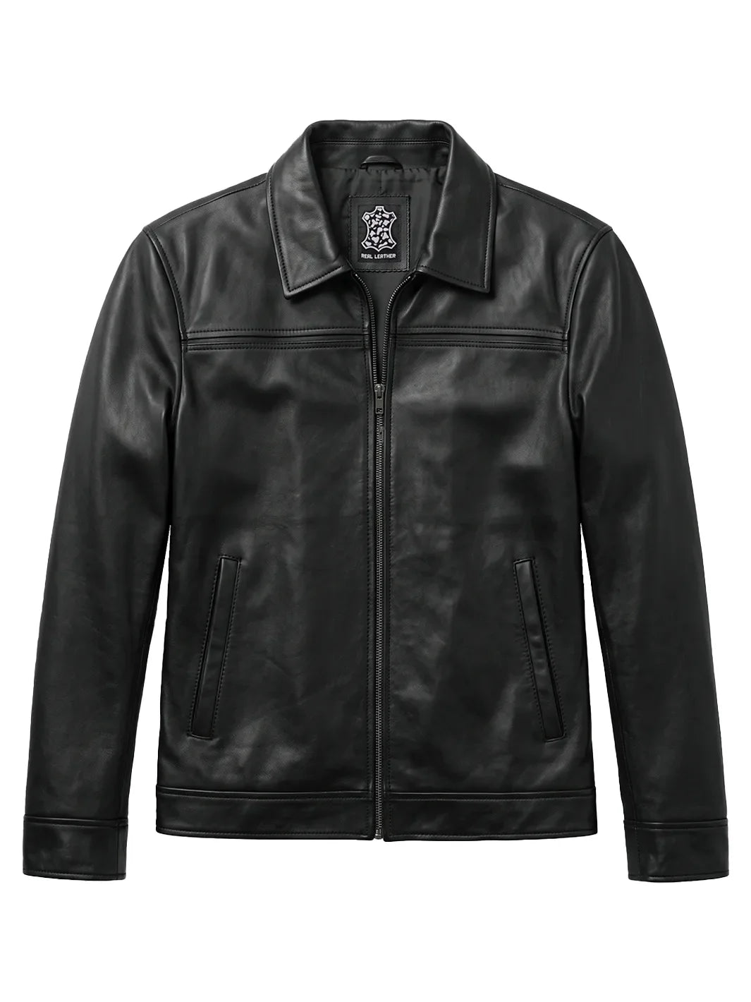 Men's Black Leather Harrington Jacket with Classic Fit 2