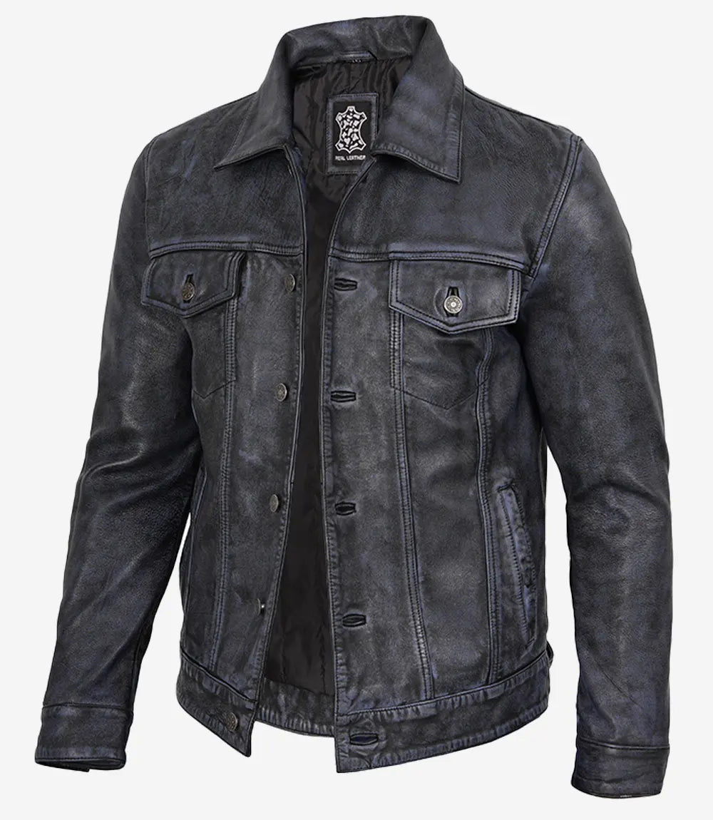 Men's Distressed Black Leather Trucker Jacket 0
