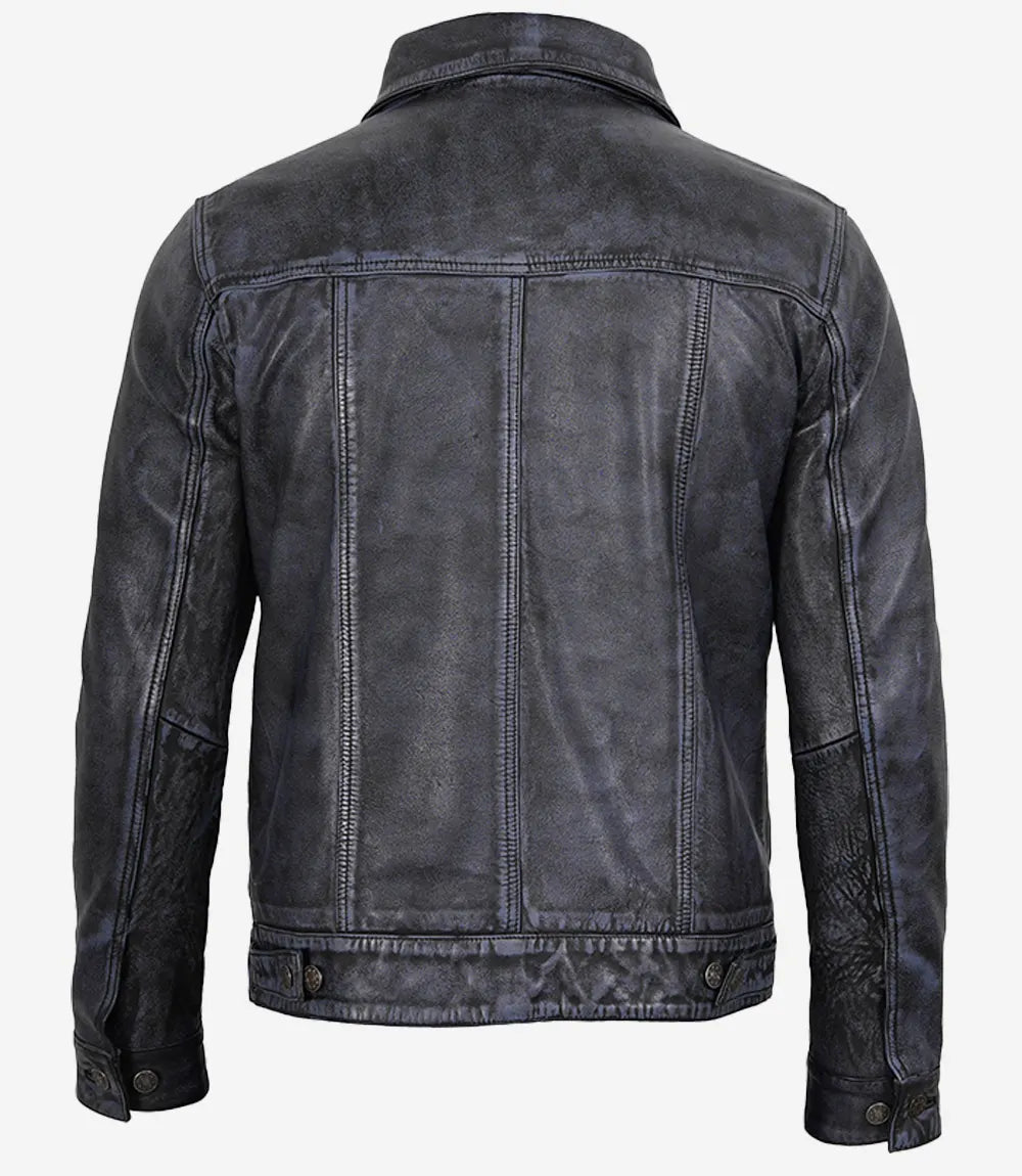 Men's Distressed Black Leather Trucker Jacket 1