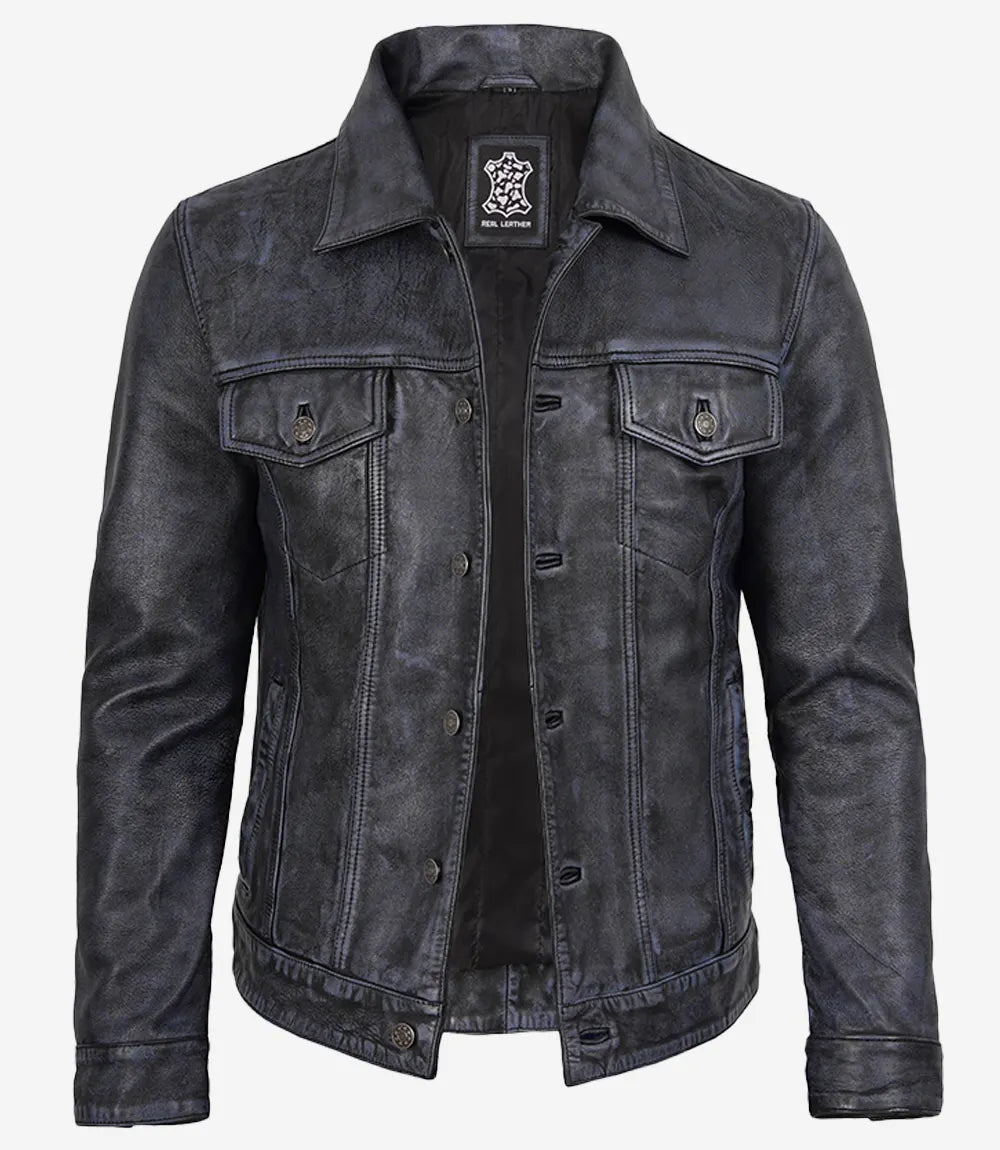 Men's Distressed Black Leather Trucker Jacket 2