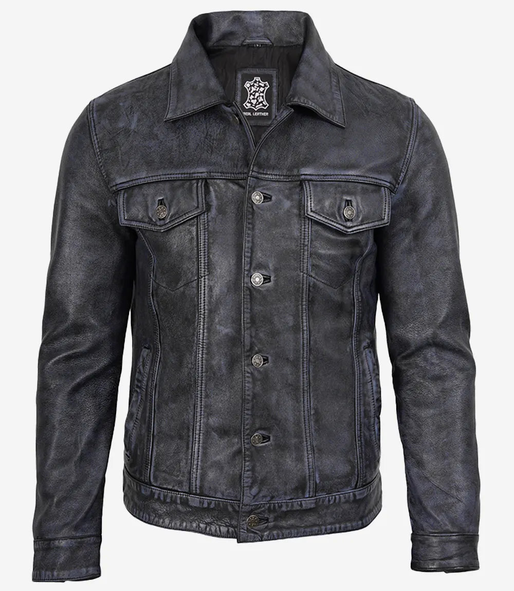 Men's Distressed Black Leather Trucker Jacket 3