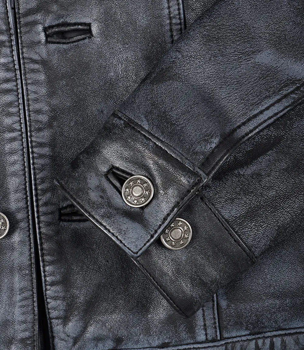 Men's Distressed Black Leather Trucker Jacket 4