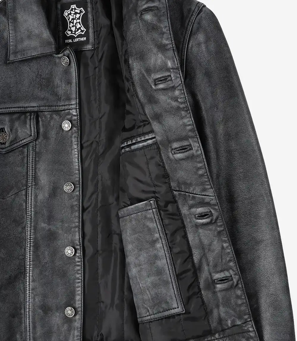 Men's Distressed Black Leather Trucker Jacket 5