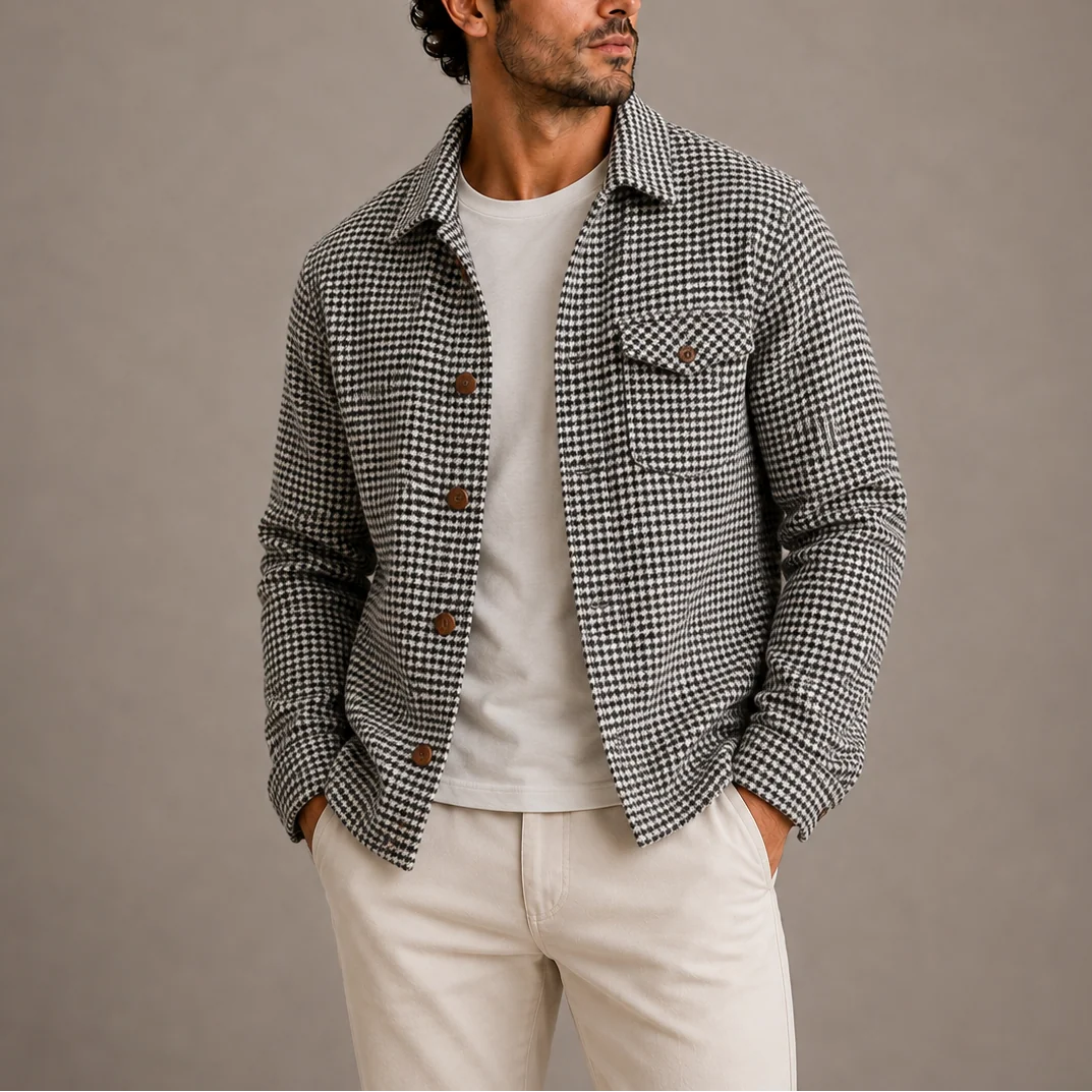 Men's Houndstooth Button-Up Shirt Jacket for Layering 0