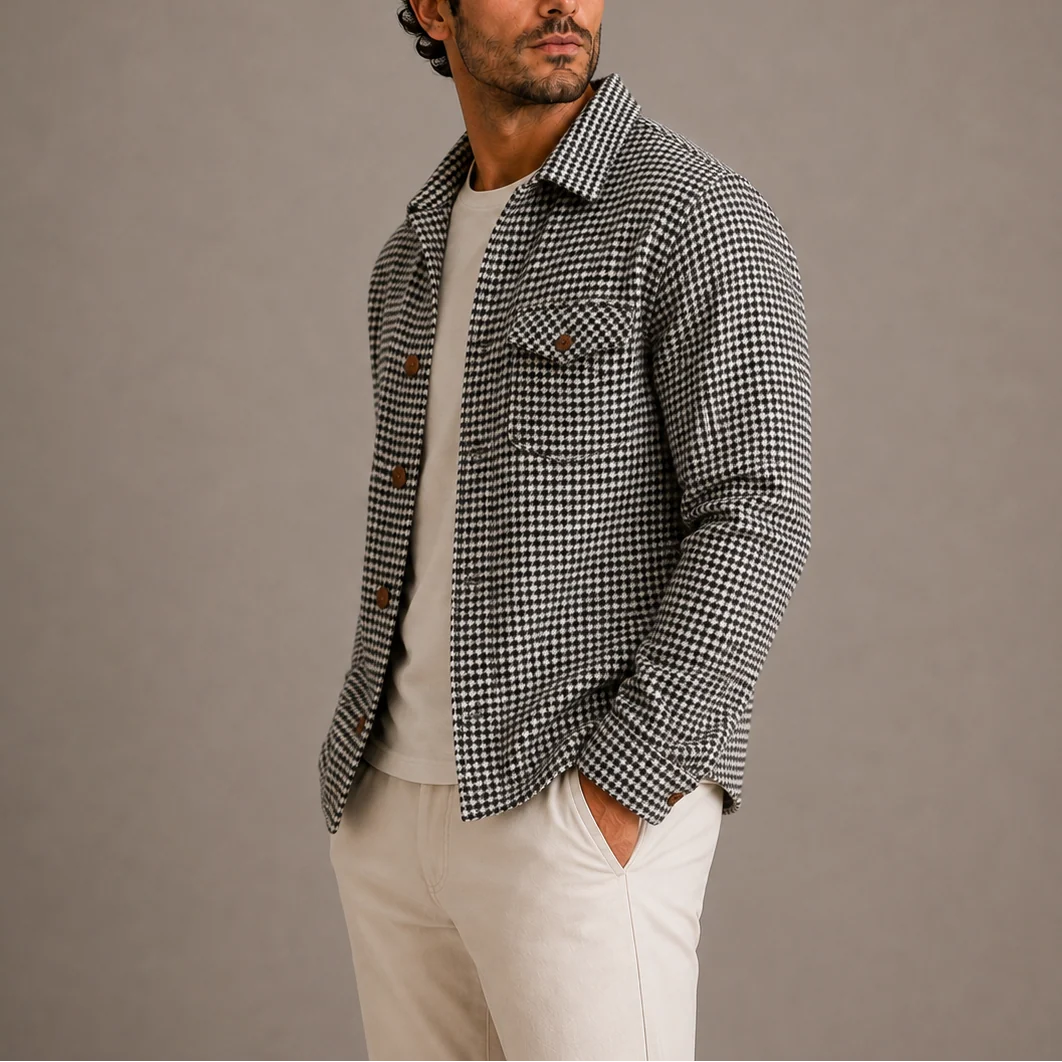 Men's Houndstooth Button-Up Shirt Jacket for Layering 1
