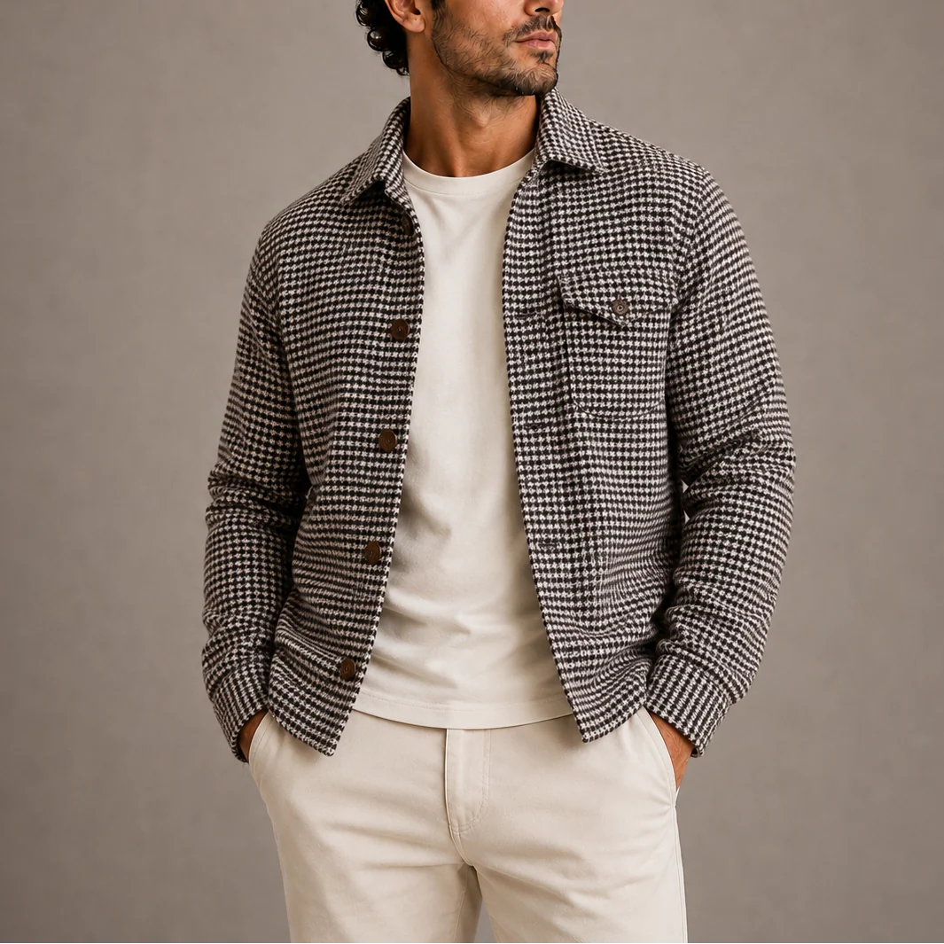 Men's Houndstooth Button-Up Shirt Jacket for Layering 2