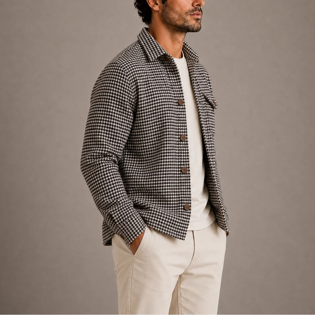 Men's Houndstooth Button-Up Shirt Jacket for Layering 3