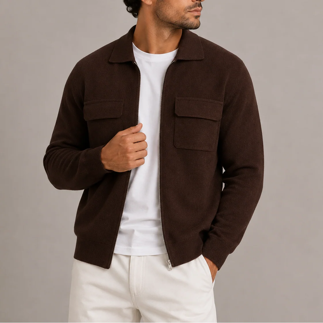 Men's Knit Zip-Up Jacket with Classic Collar and Pockets 0