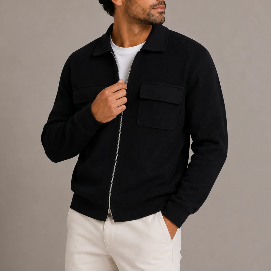 Men's Knit Zip-Up Jacket with Classic Collar and Pockets 1